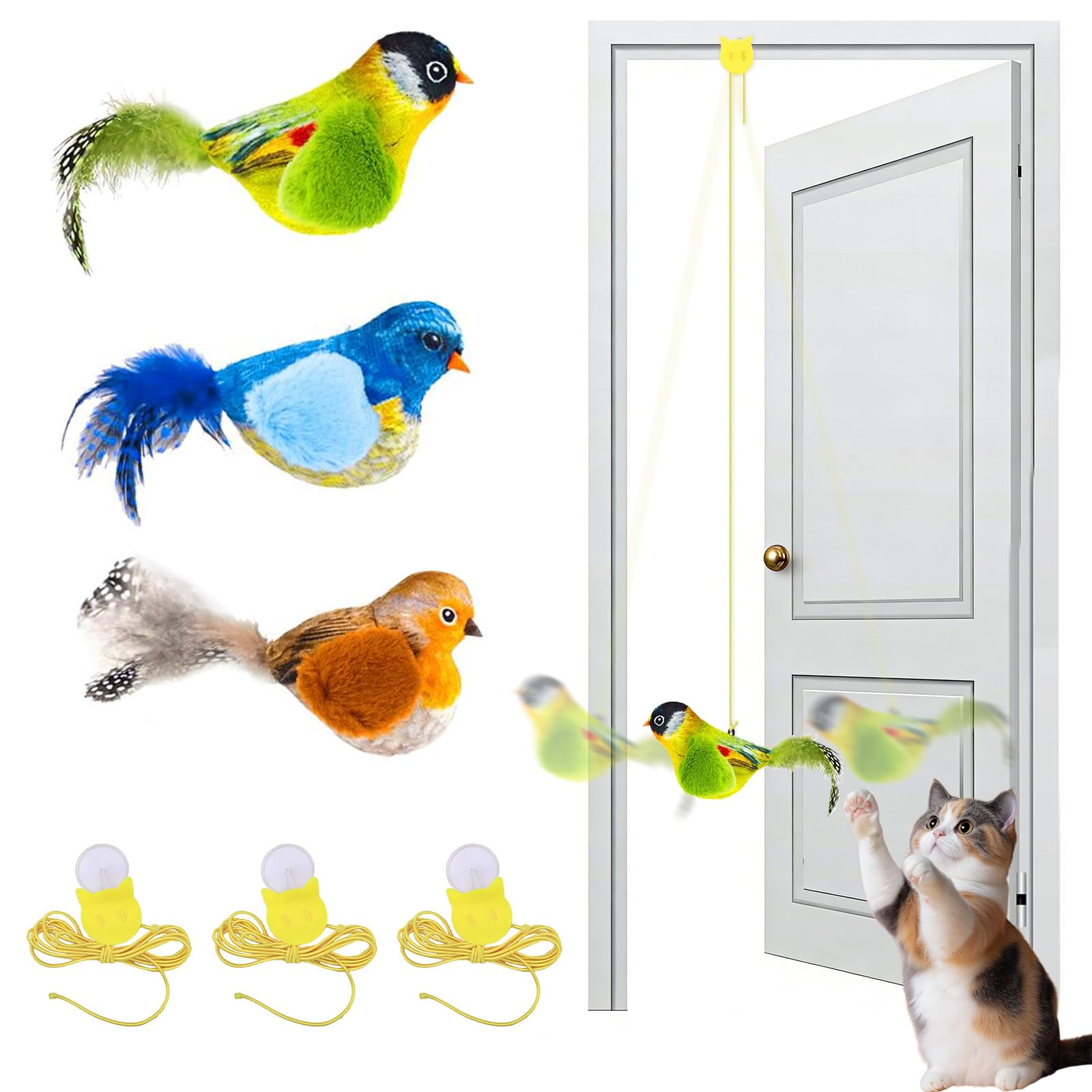 3 Pack Interactive Cat Toys with Chirping Bird Sound – Door Frame Cat Toy Hanging Teaser, Automatic Cat Door Toy for Indoor Cats, Feather Toy for Bored Cats