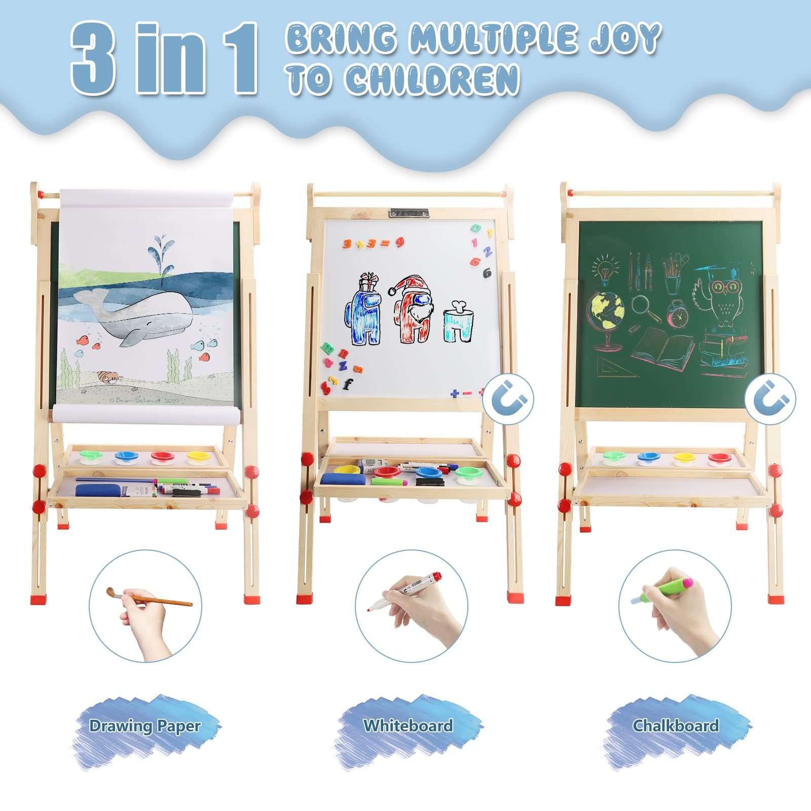 Dripex Bambini con Cavalletto pieghevole in Legno Regolabile in Altezza, Lavagna a Doppia Faccia con 26 Accessori per la pitturaper(49x49x88-105cm)