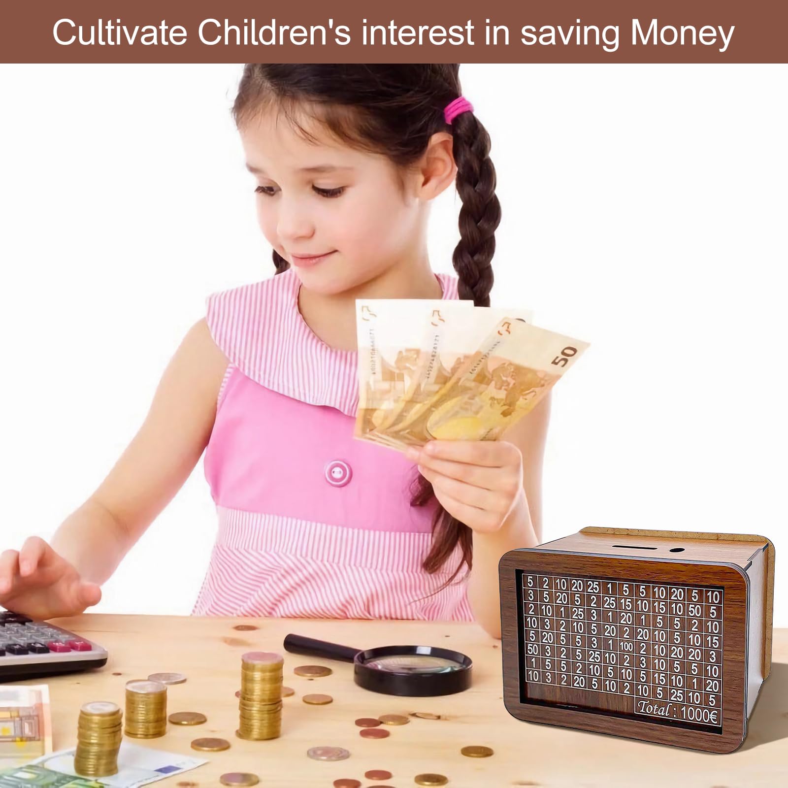 Salvadanaio In Legno Con Obiettivi Di Risparmio Da 500 A 10000 Euro - Tracciamento Con Numeri Da Spuntare, Regalo Per Adulti E Bambini (Nero)