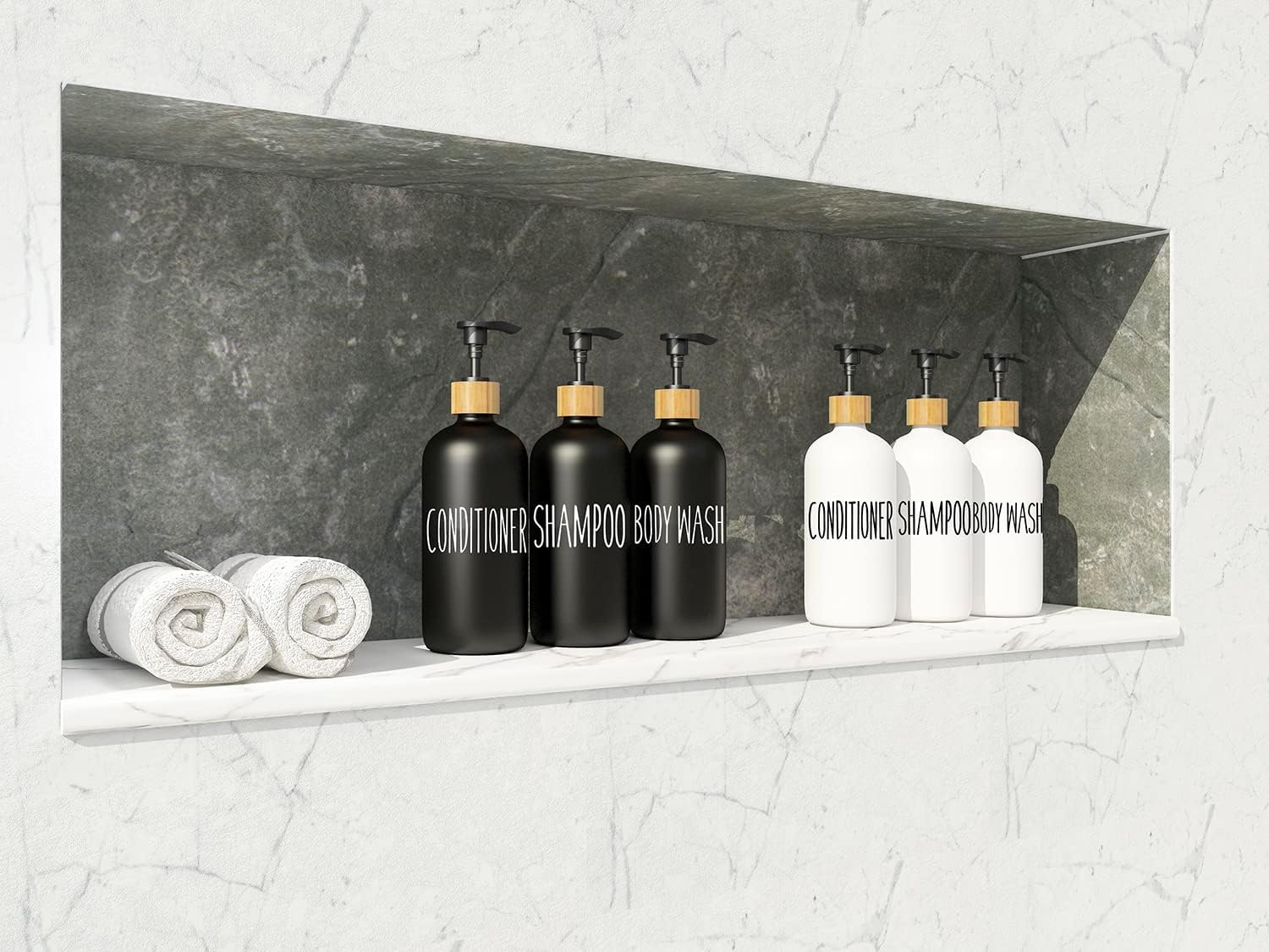 Shampoo and Conditioner Dispenser Set - Easy to Read Labels - Pump Bottle Dispenser for Shampoo, Conditioner, Body Wash - Glass Refillable Containers for Shower - Image 4