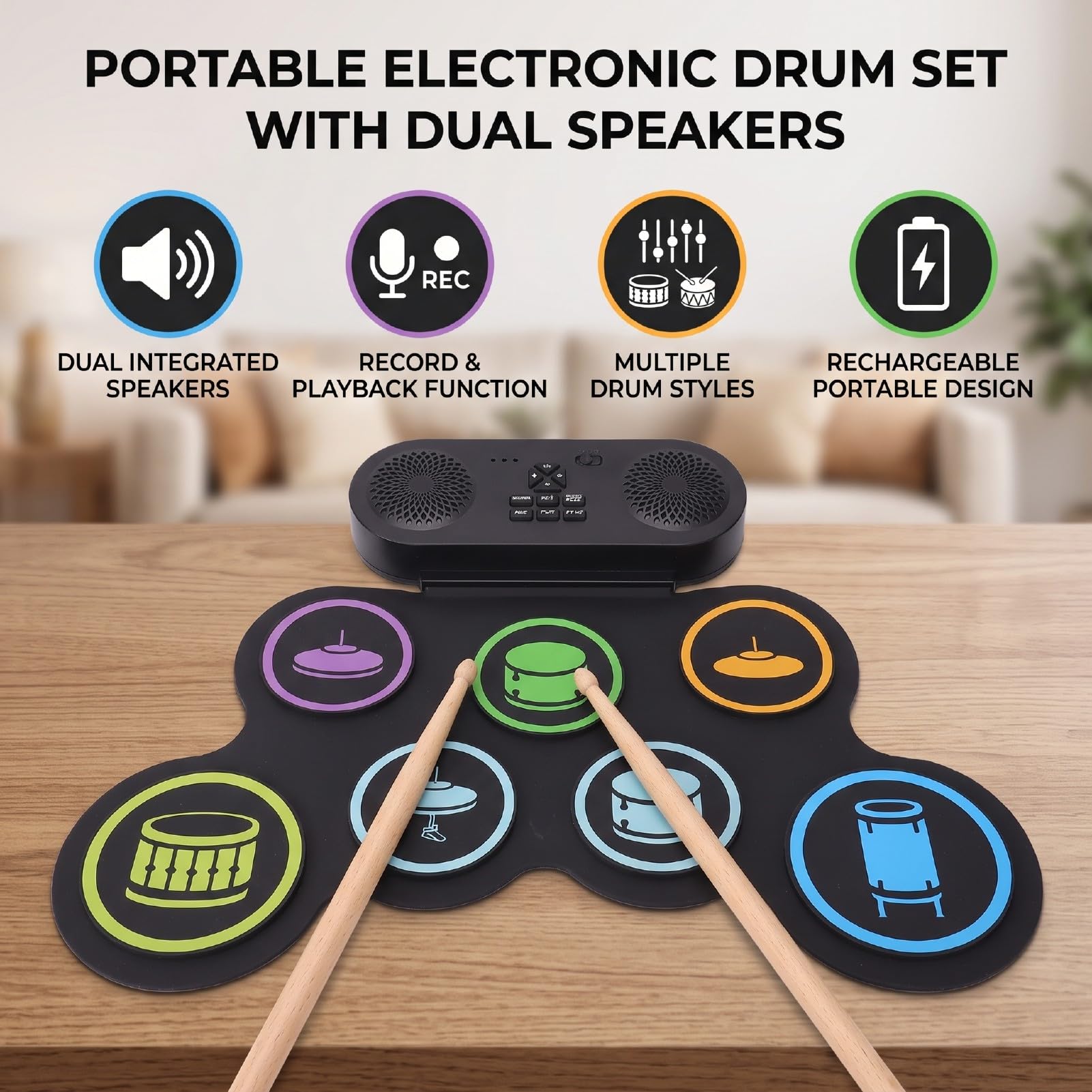 Dpofirs Batteria Elettronica Portatile Arrotolabile, Kit di Tamburi con Doppio Altoparlante Pad di Pratica Bacchette Registrazione e Riproduzione, Design Pieghevole for Principianti e