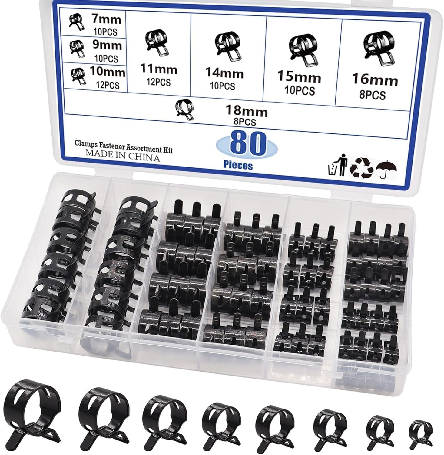 80PCS Hose Clamps Fastener Assortment Kit, 7mm to 18mm, Black, Multiple Sizes, Spring Band Type Clamps,Black Spring Hose Clip for Fuel Hose Line Water Pipe Air Tube Hose