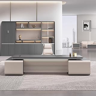 L Shaped Executive Office Desk with Lateral Cabinet, Extra Large Wood Corner Executive Desk with Metal Frame, Writing Study Table Business Furniture Set Workstation for Home Office