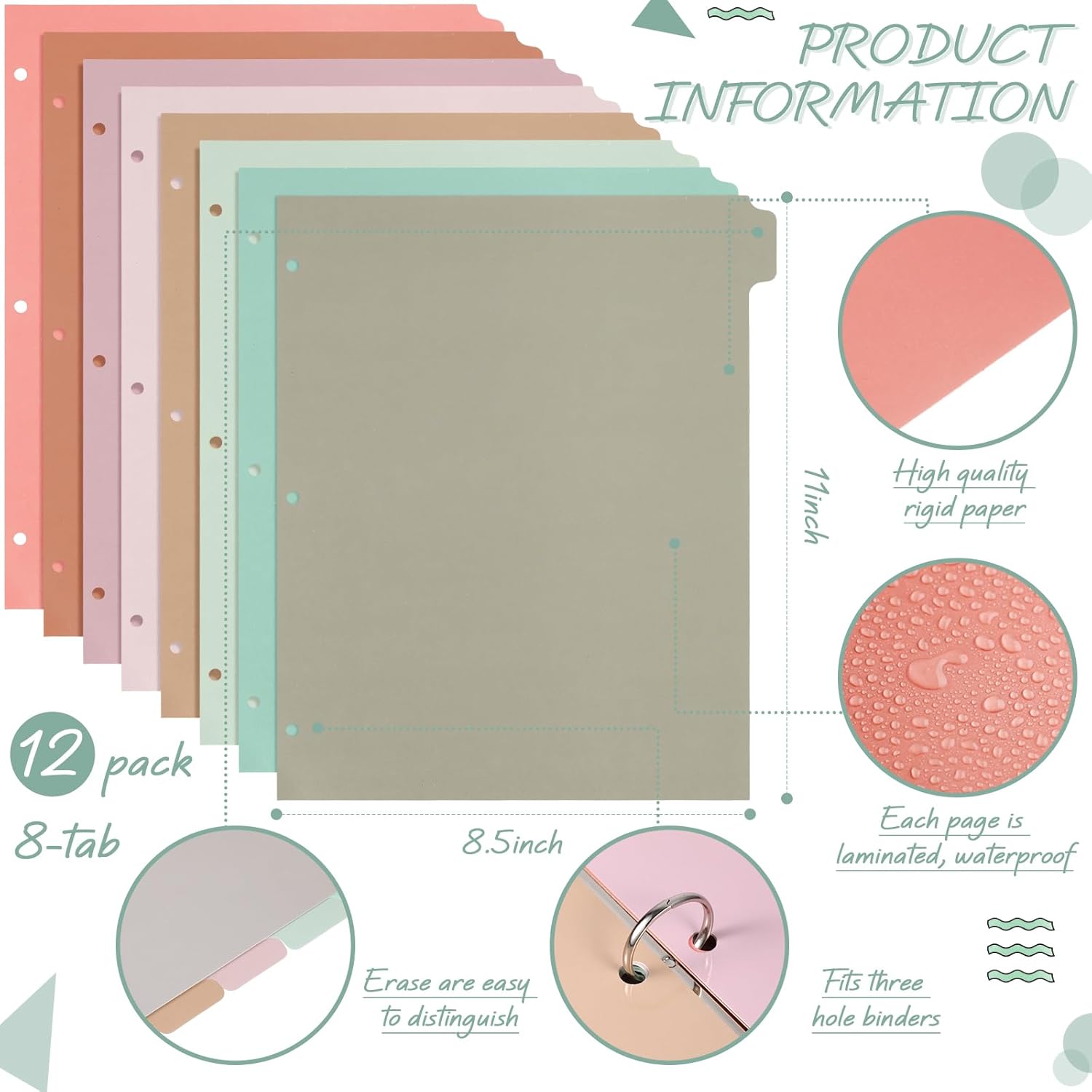 Honoson 12 Sets 8 Tab Dividers for 3 Ring Binders Plastic File 8.5 x 11 Inch Paper Multicolor Page Binder Index Dividers for School Office