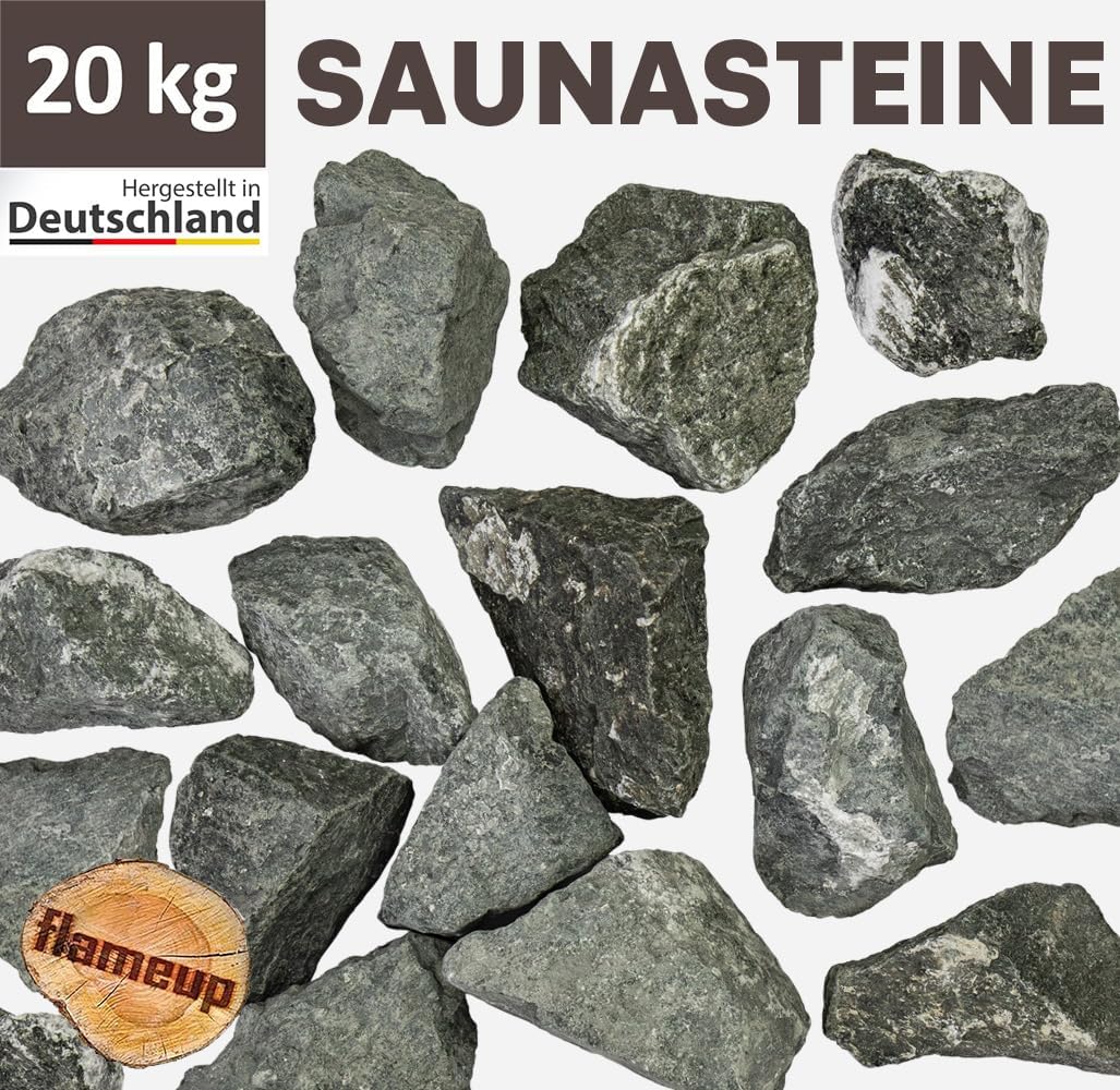 Diabas Saunasteine, 20 kg, 50-110 mm, vorgewaschene Aufgusssteine für Saunaofen, handverlesen, schadstofffreies Saunazubehör für alle Arten von Sauna