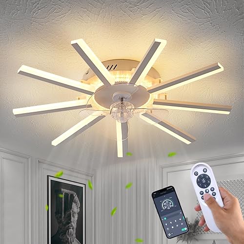 HuixuTe 27" White Straight Strip Geometric Ceiling Fan with Lights, 3 Colors 6 Speeds Low Profile Ceiling Fan with Light for Kitchen Bedroom