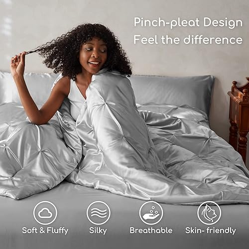 Miniatura 10 de MR&HM Edredón de satén tamaño King de 8 piezas, lujoso juego de ropa de cama plisada con edredón, sábanas, falda de cama, fundas de almohada y