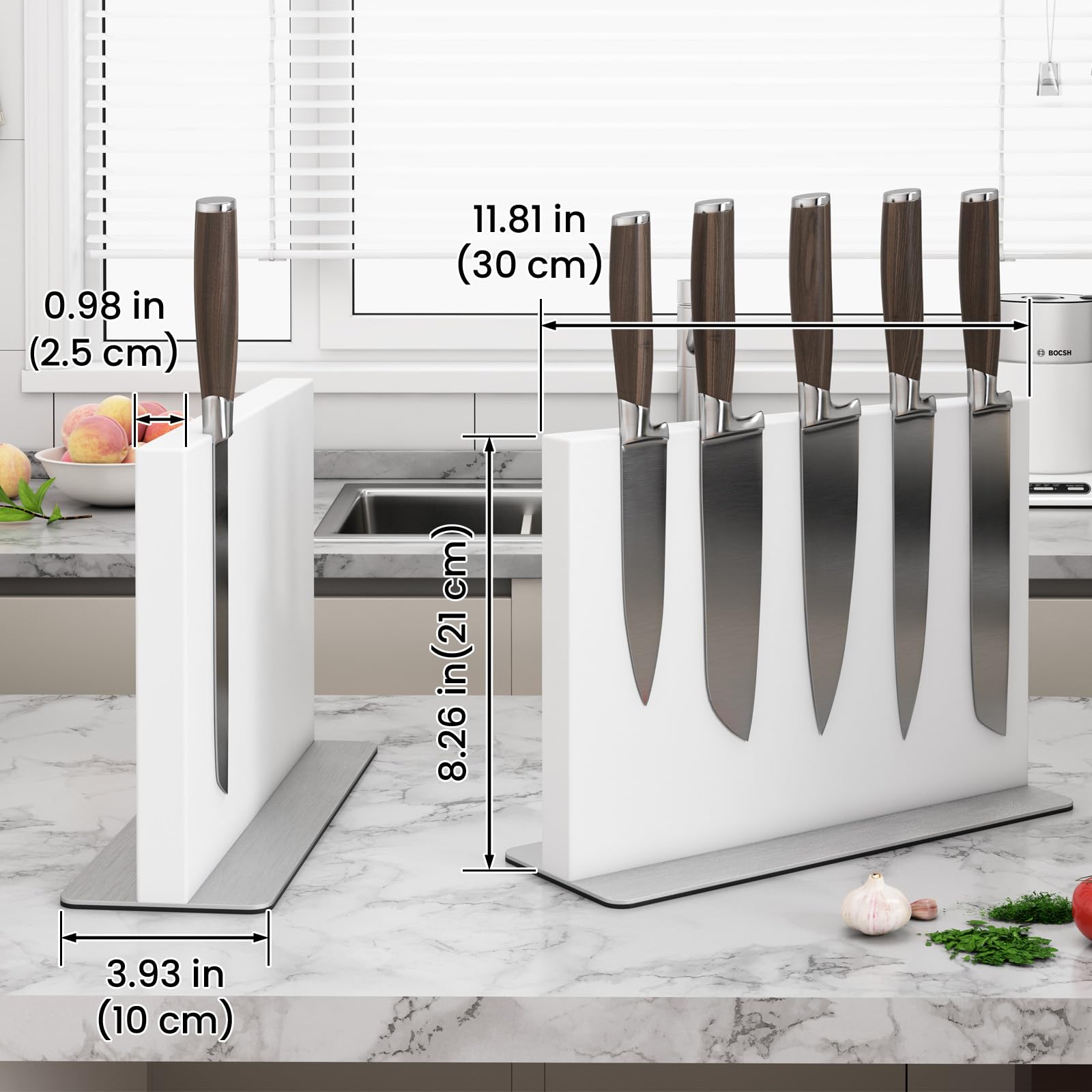 THMINS Biały magnetyczny blok na noże ze stali nierdzewnej dwustronny magnetyczny uchwyt na noże, uniwersalny wielofunkcyjny stojak ekspozycyjny na blat kuchenny