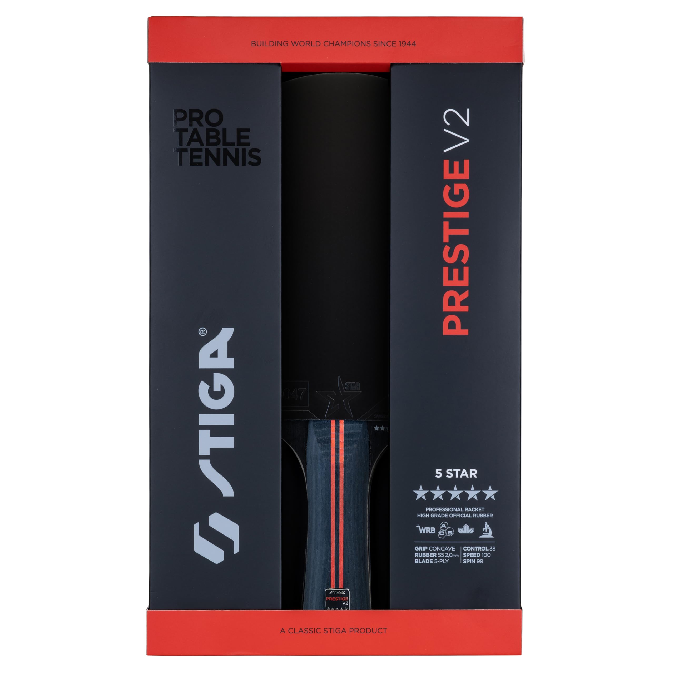 STIGA Prestige V2 Racchetta da Ping Pong a 5 Stelle – Alta Velocità, Telaio 5 Strati, Impugnatura Concava, ACS + WRB, Gomma ITTF, Spugna 2.0 mm