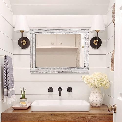 Miniatura 6 de AAZZKANG Espejo de pared grande de madera rústica, 28 x 20 pulgadas, rectangular, decorativo, granja, dormitorio, baño, decoración de pared del hogar