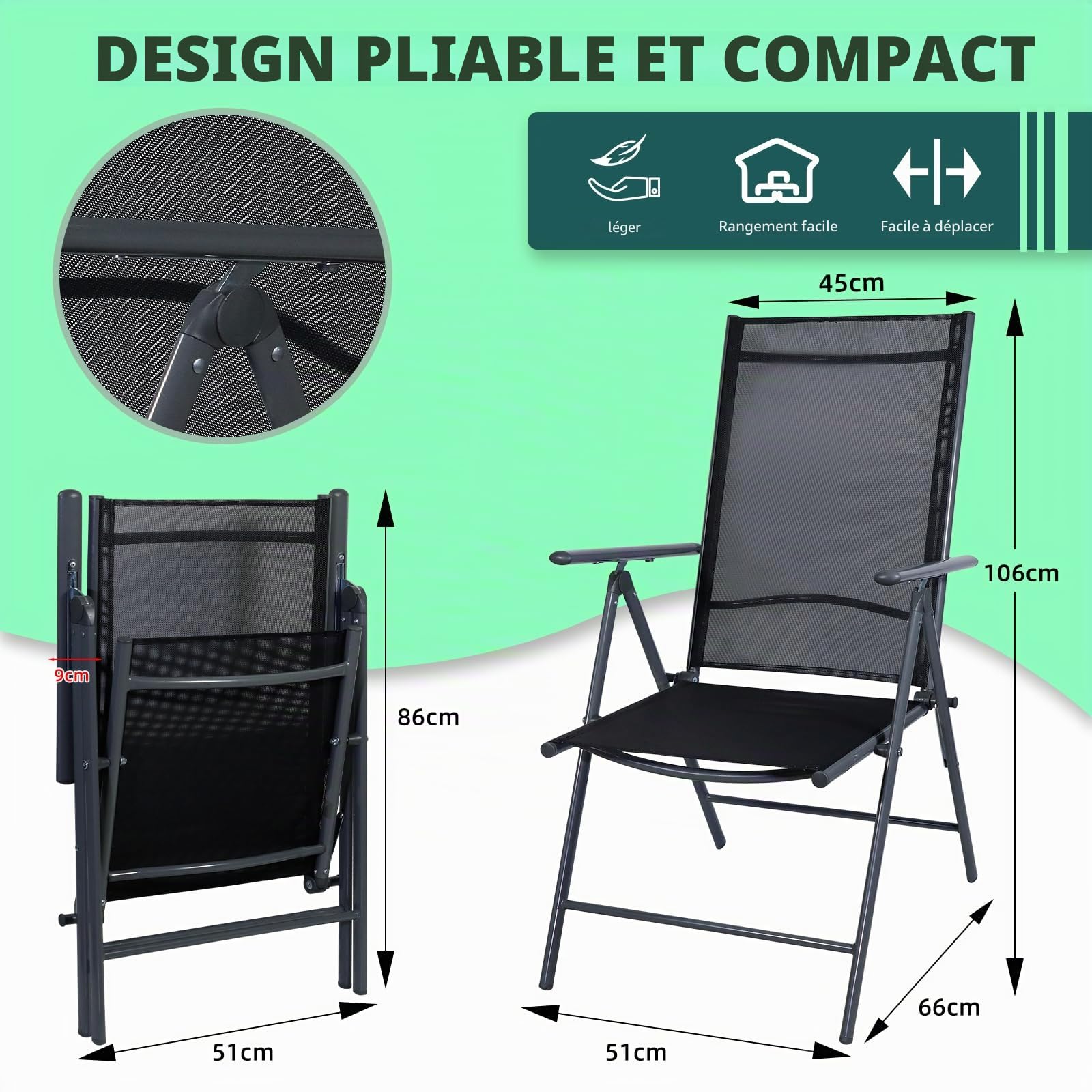 CCLIFE Chaises de Jardin Ensemble de Chaises de Jardin Pliantes, Chaises de Jardin, de Terrasse et de Balcon avec Accoudoirs