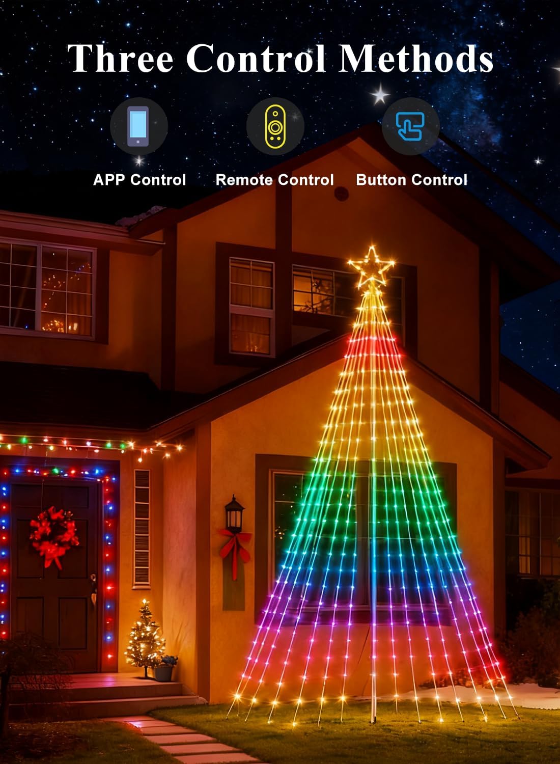 12FT Christmas Tree Lights with 355 LEDs, RGB Color Changing String Lights with Remote & Smart App Control, 52+ Modes, IP67 Waterproof Waterfall Lights with Pole for Xmas Outdoor Decorations