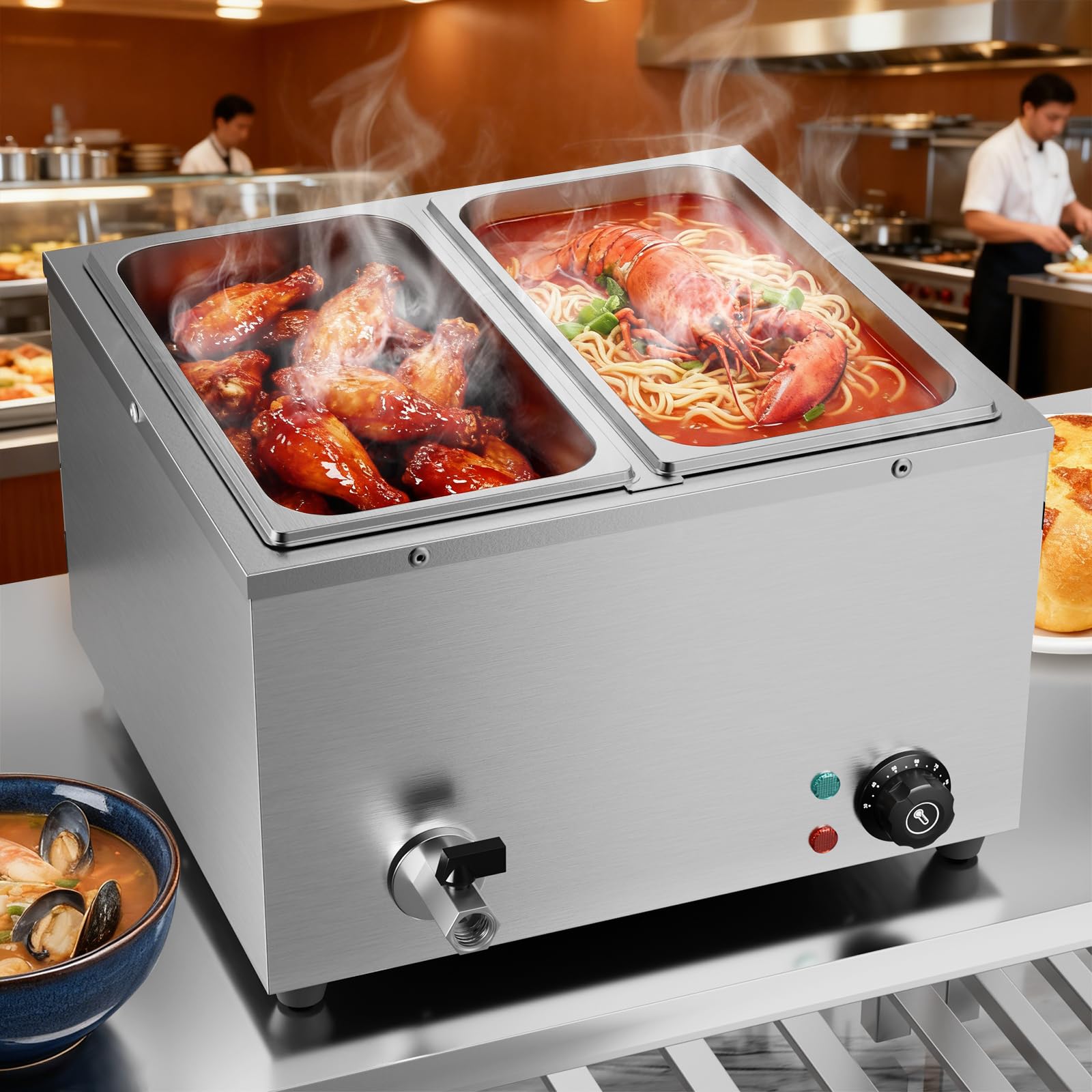 TAIMIKO Bain Marie Électrique Professionnel 2 Bacs en Acier Inoxydable 220V Chauffe-Plats Professionnel Chocolat Fondoir Commercial avec 2 x 1/3 casseroles