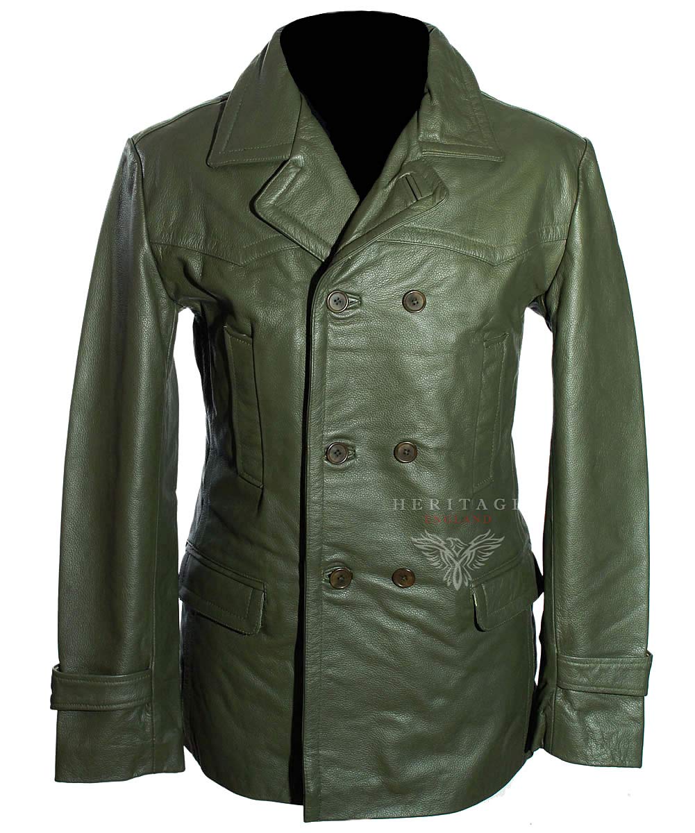 H.E Kriegsmarine Army Green Men's German Military U-Boat WW2 Real Cowhide Leather Deck Jacket Winter Pea Coat (SIZES: XS TO 5XL Available) (2XL)