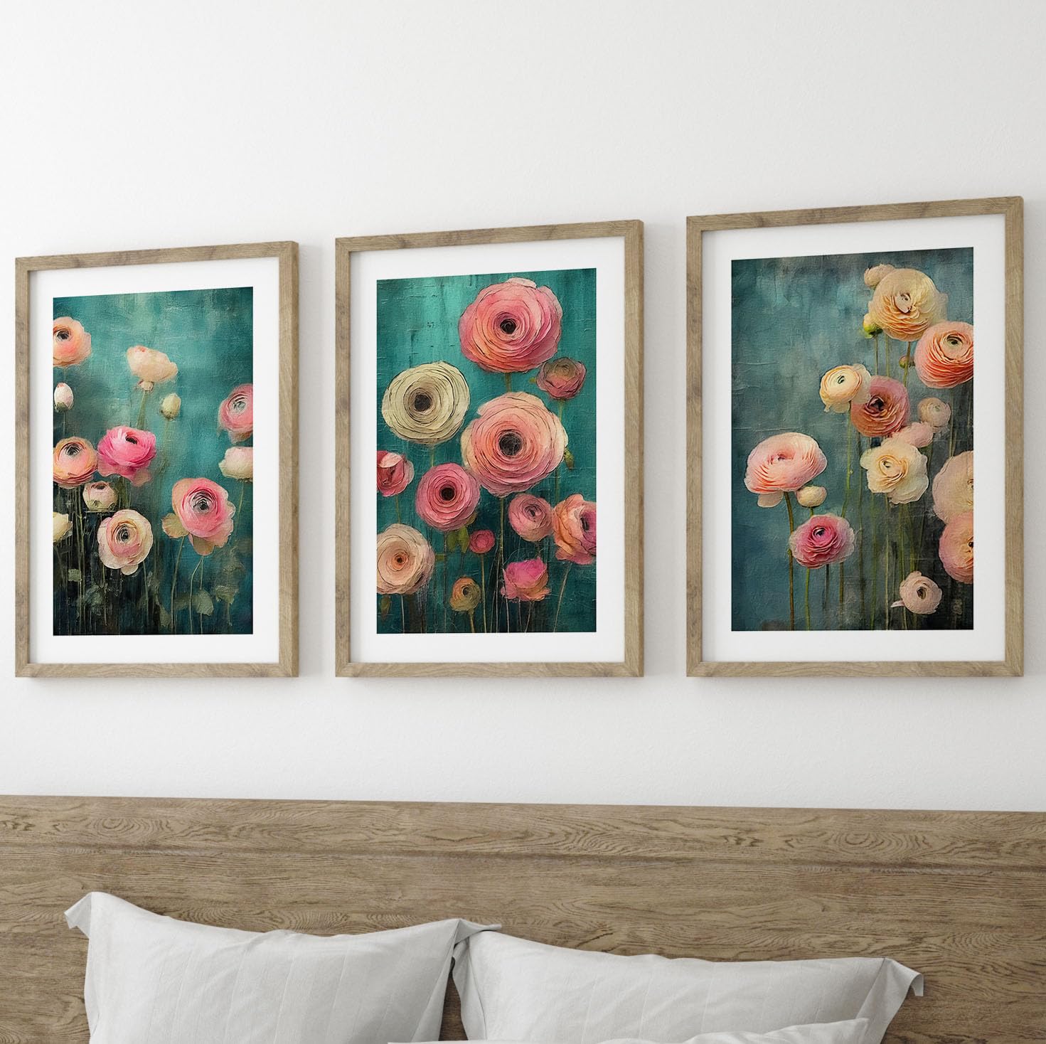 Texture Style Brightly Coloured Ranunculus Flowers Wall Art Set of 3 Unframed Poster Prints, Botanical Plant Decor
