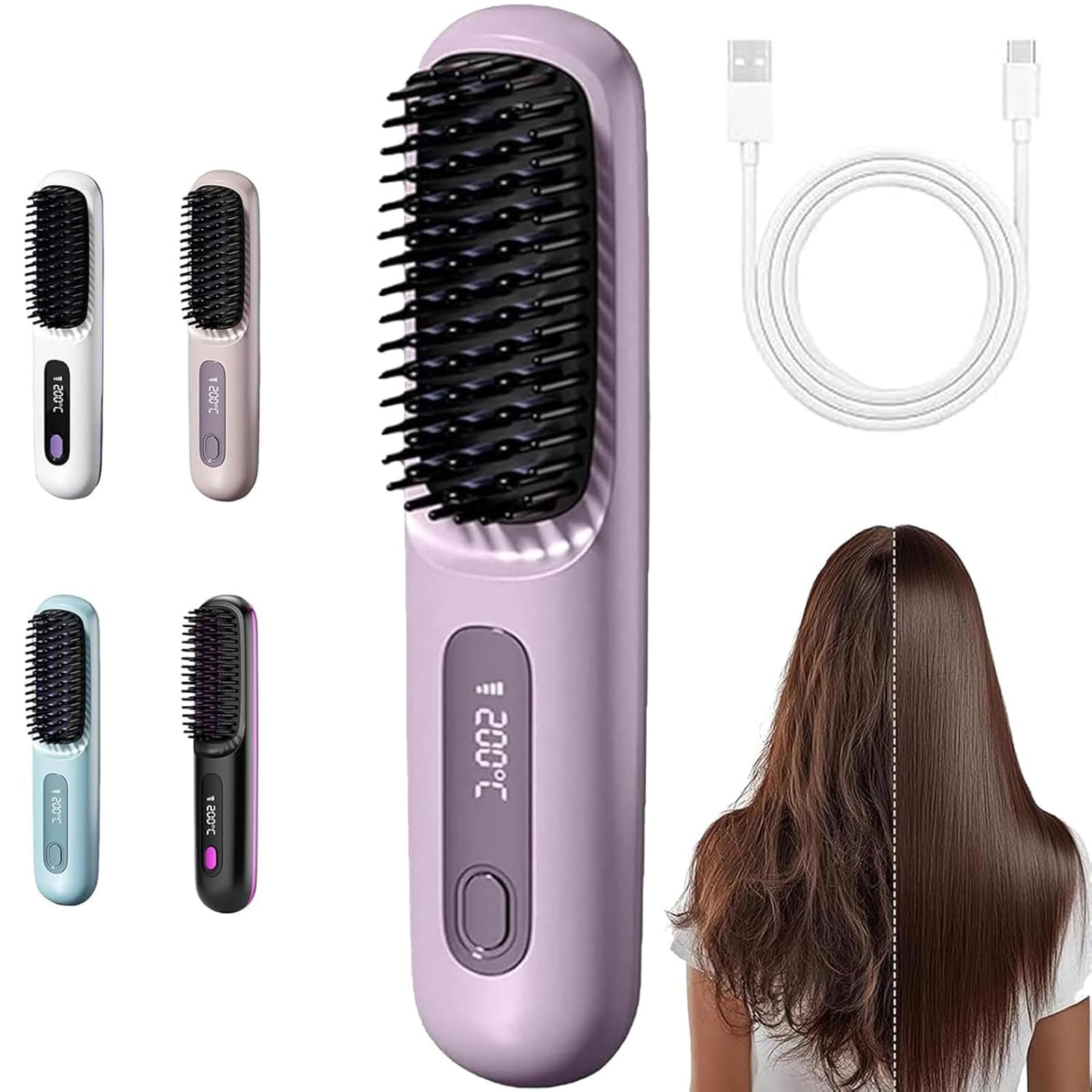 Brosse Chauffante Pour Cheveux Courts, Brush for Short Hair - The Short Hair, with Lcd Temperature Display, Fast Heating Cordless Mini Hair Brushs, for Travel (Purple)