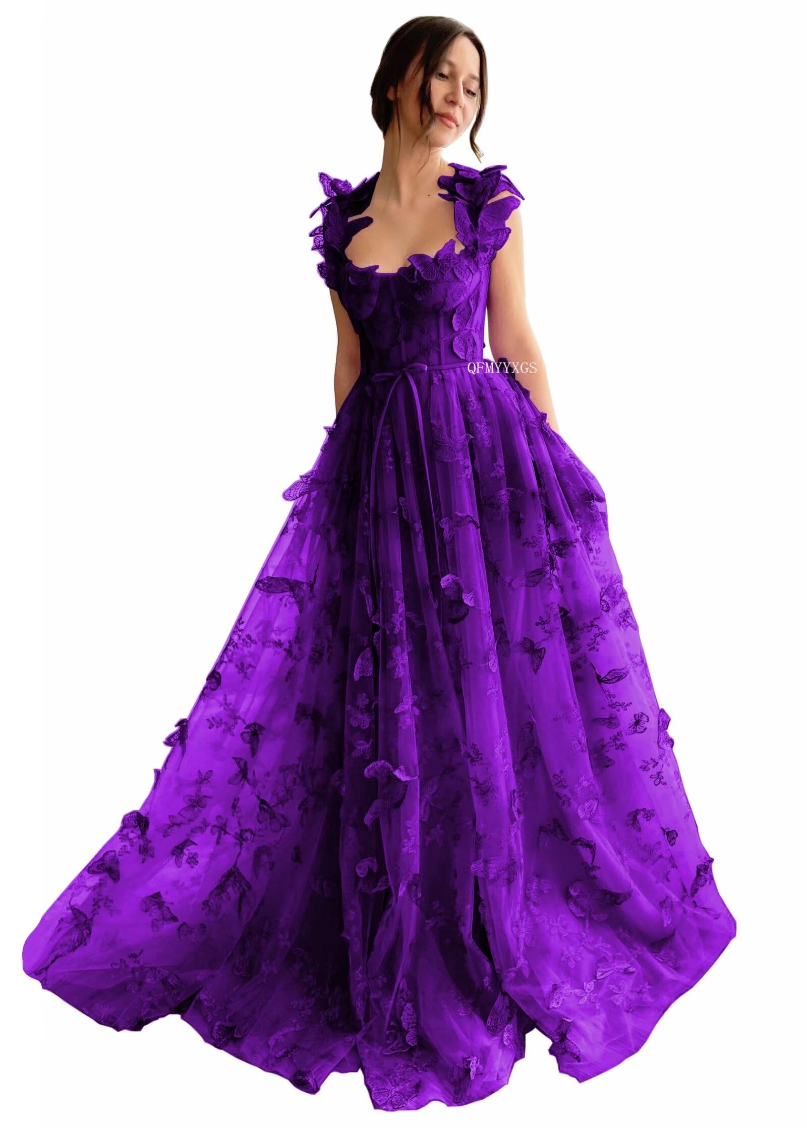 3D Butterfly Tulle Prom Dresses for Women 2025 Long Lace Applique Ball Gown Formal Evening Party Gown with Slit