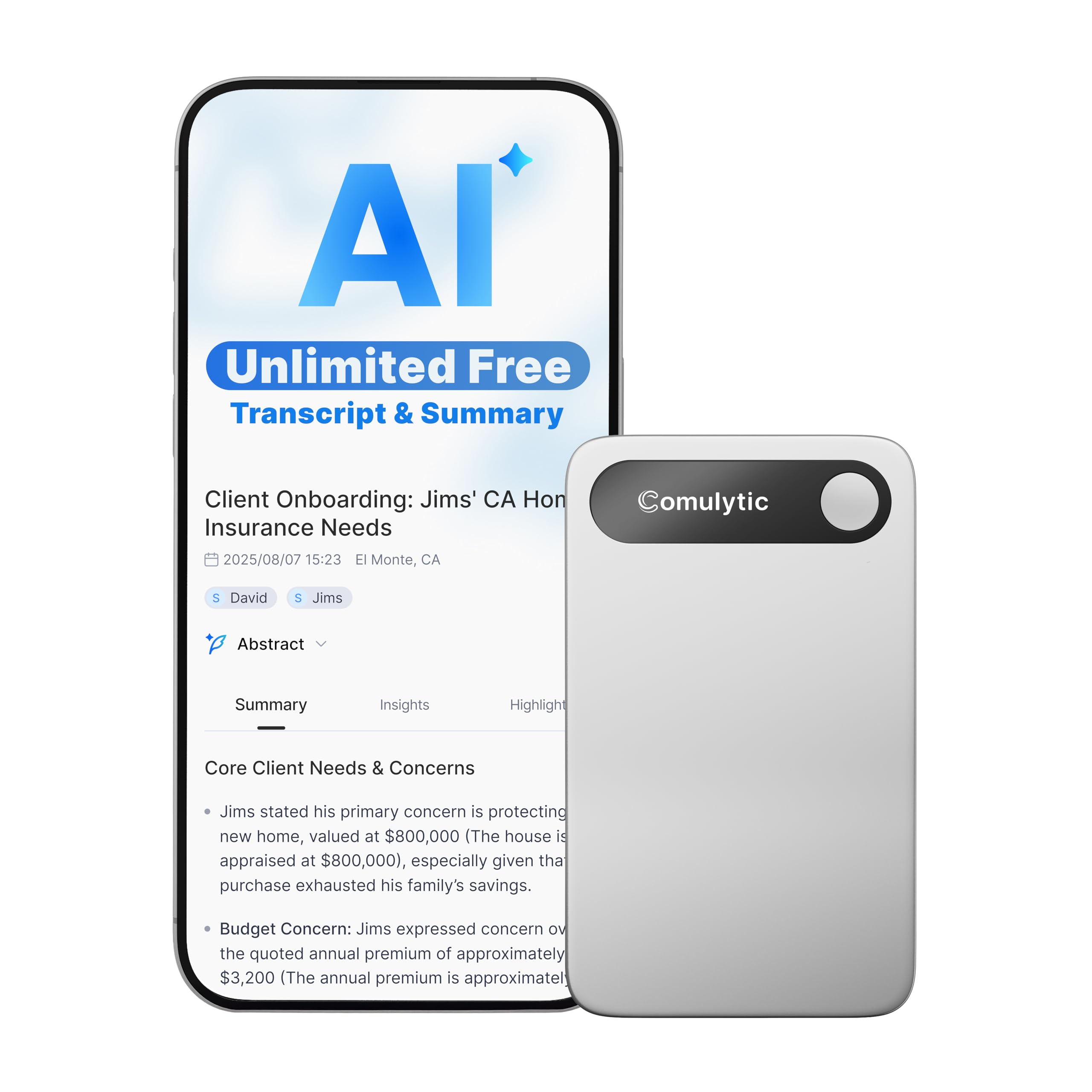 Comulytic Note Pro AI Voice Recorder, Unlimited Transcribe & Summarize, One Tap Recording Device with AI Note Taking, Support 113 Languages, 64GB,