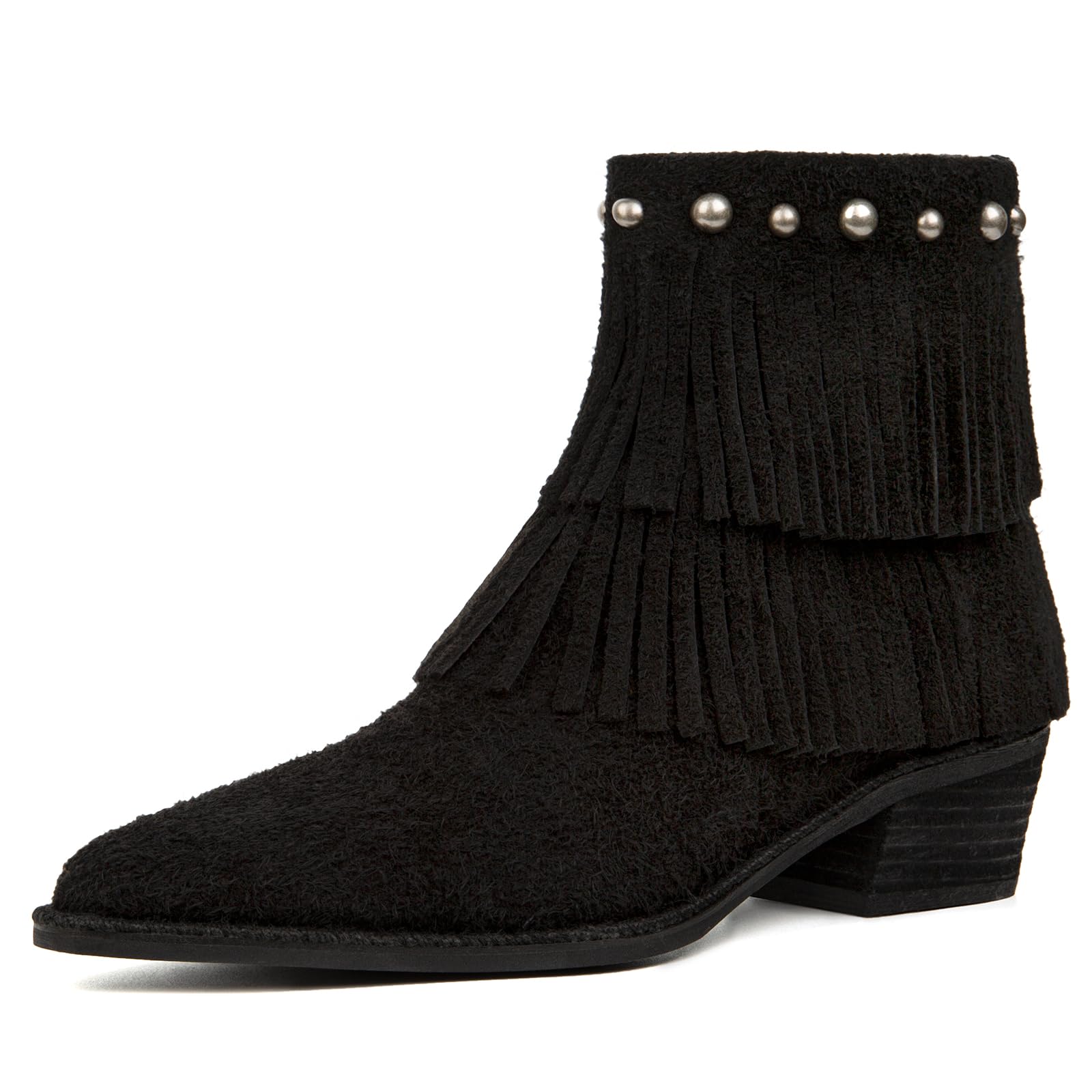 Genuine Leather Fringe Ankle Boots for Women Suede Pointed Toe Elastic Short Boots Block Chunky Heels Western Fall