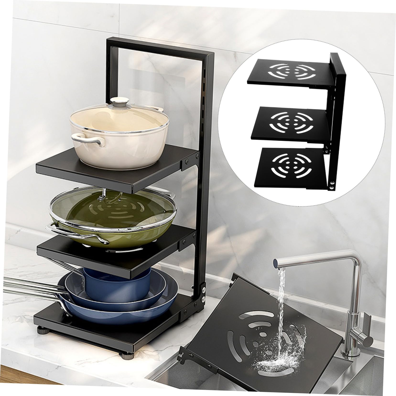 Toyvian Organizzatore Pentole Verticale in Acciaio al Carbonio Nero a 3 Livelli Spazio Regolabile e Alta Capacità, per Armadio o Sotto Lavabo in Cucina