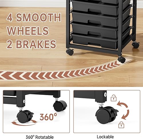 Miniatura 6 de Carrito de almacenamiento rodante con cajones, carrito de utilidad con 8 cajones y mesa de madera, carrito de cajón rodante, carrito de Negro