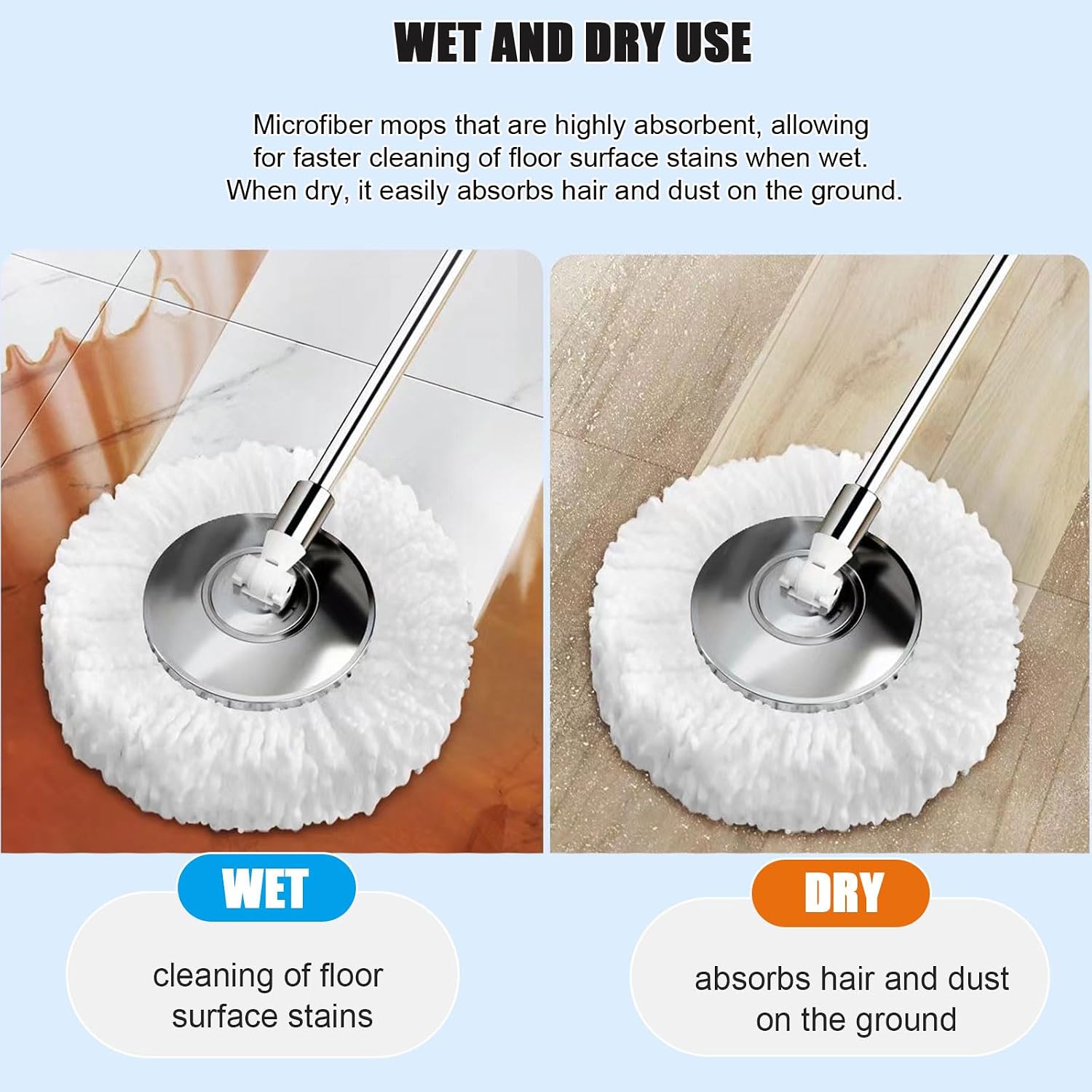 Spin Mop and Bucket with Wringer Set for Home, 360° Spinning Mop and Titanium Crystal Finish Bucket with Detachable Drying Basket, Wet Dust Mop for Floor Cleaning,2 Cotton Mop Pads