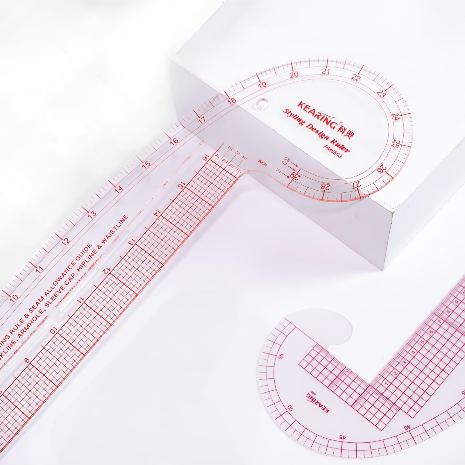 KEARING Regla de diseño de curva de 29 pulgadas y 16 pulgadas recta, regla de acrílico transparente de curva francesa de cadera regla de curva variable, línea sándwich, 4 reglas en 1 regla