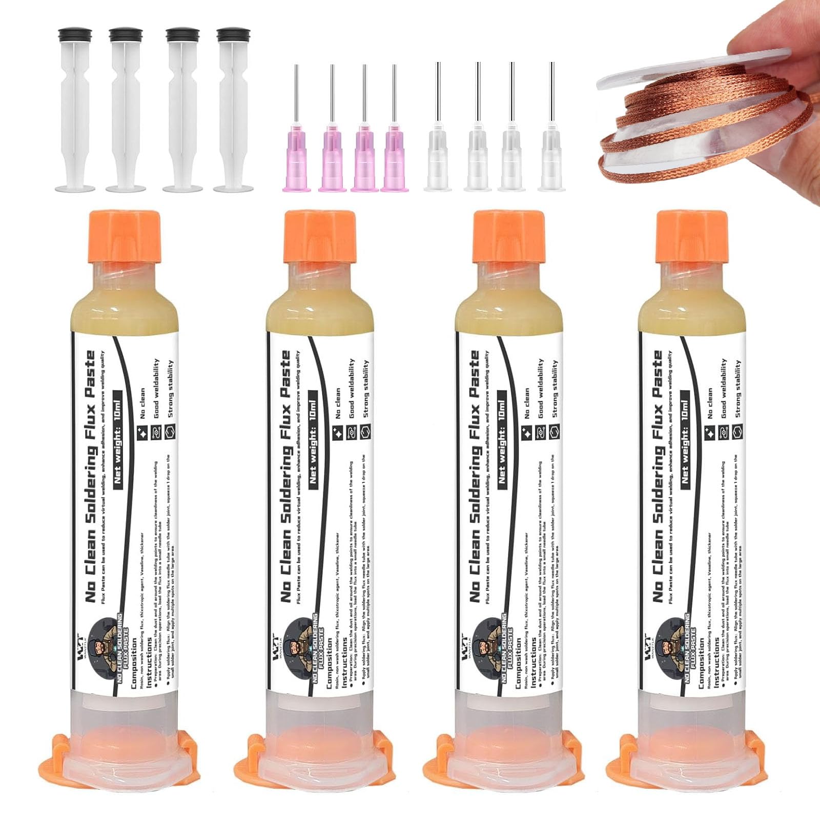 WAN2TLK Solder Flux Kit, 4pcs Soldering Flux with 8 Flux Tip, 4 Pushers, Desoldering Wick - 40 g No Clean Flux Soldering Paste for BGA/IC/CPU/PCB/SMD