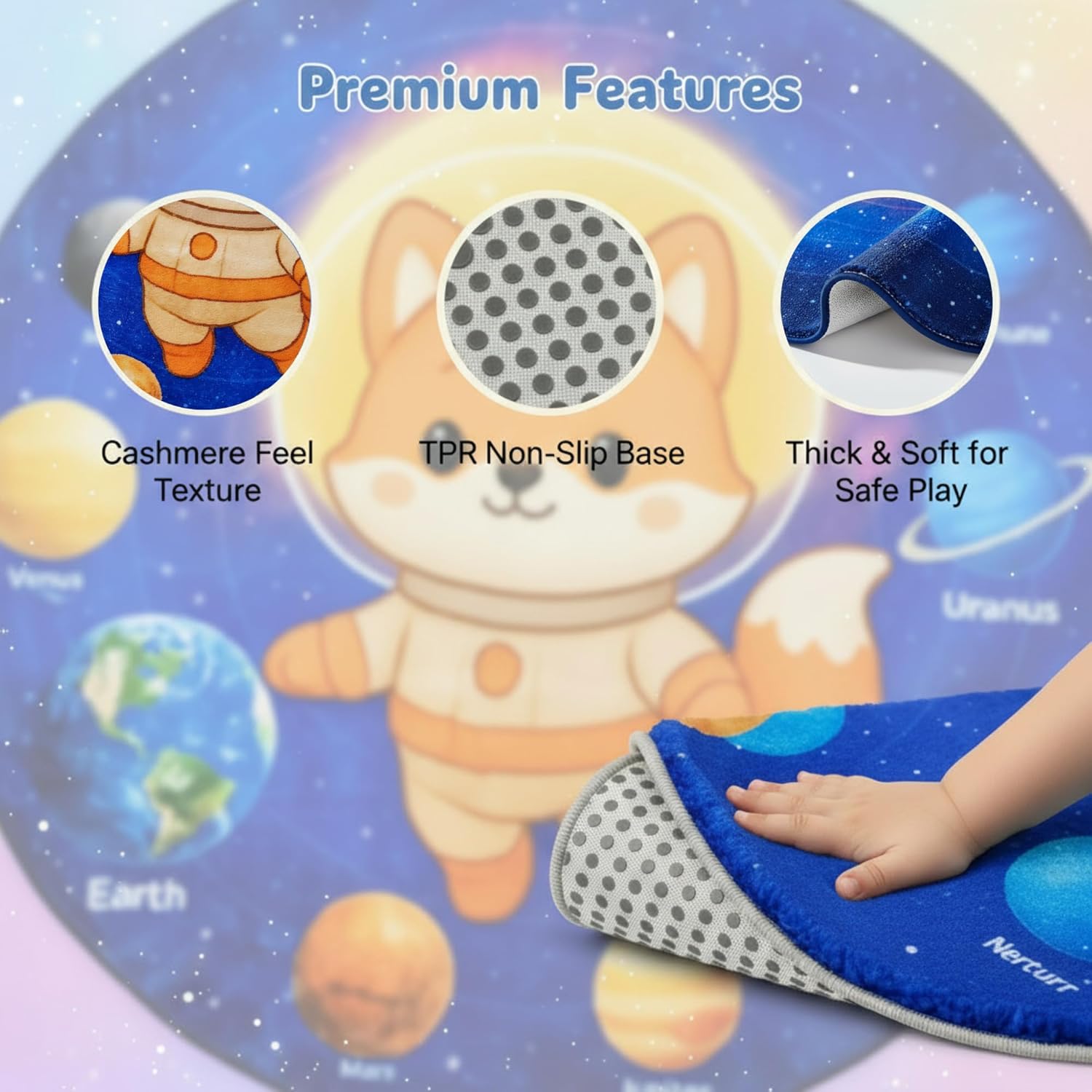 Galaxy Kids Educational Space Rug, 47 Inch Round Solar System Play Mat for Nursery, Classroom & Playroom (Cashmere Feel, Non Slip, Washable)