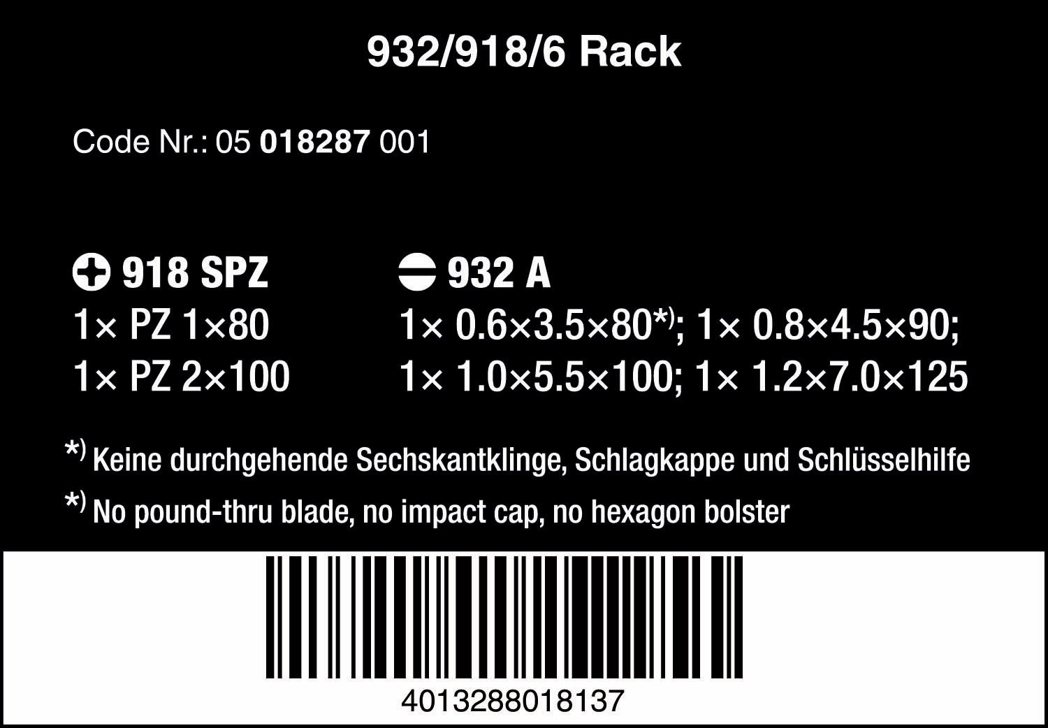 Wera 05018287001 Jeu de tournevis 932 / 918 / 6 Tête fendue / PZD Manche trimatière 6 pièces (Import Allemagne)