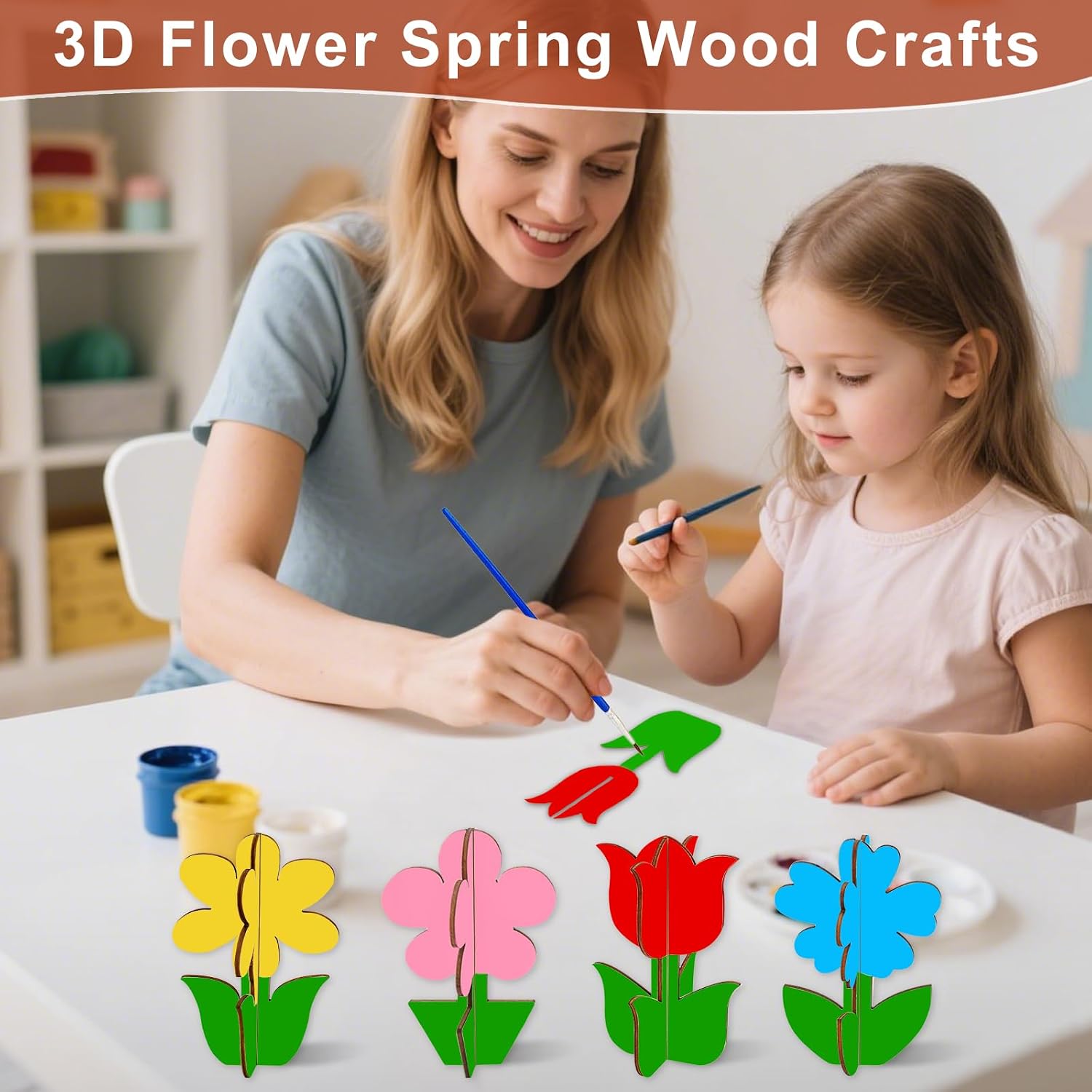24PCS 3D Flower Spring Wood Crafts to Paint for Kids Adults, 4 Styles Unfinished Wood Crafts to Paint, Flowers Ornaments for Painting Decorations, Easy Crafts for Kids/Adults/Seniors