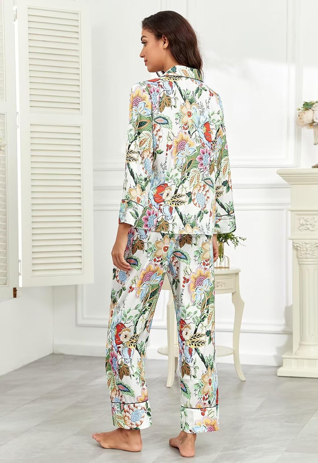 Brosloth Womens Silky Pajamas Floral Print Satin Pajama Set Long Sleeve Button Up Soft Sleepwear Cute Pj Sets - Image 5