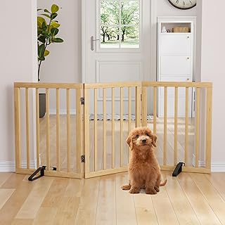 Semiocthome Wood Dog Gates and Barriers Indoor, 3-Panel Freestanding Puppy Gates for The House with 2 Metal Stands, 60cm (H) Folding Pet Gate for Stairs, Doorway Expands Up to 140cm - Natural
