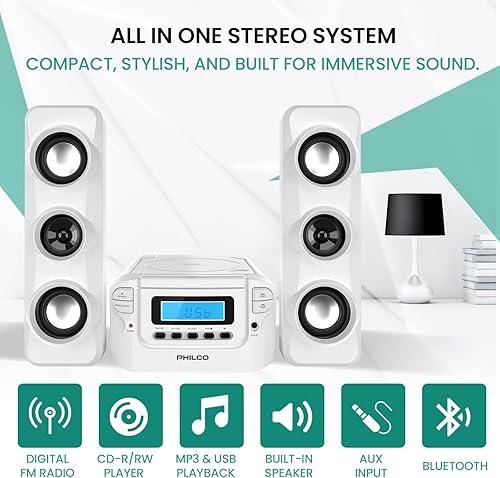 Miniatura 10 de Philco Sistemas de estantería estéreo Sistema compacto de estante de CD con radio estéreo digital FM, tecnología inalámbrica Bluetooth y control