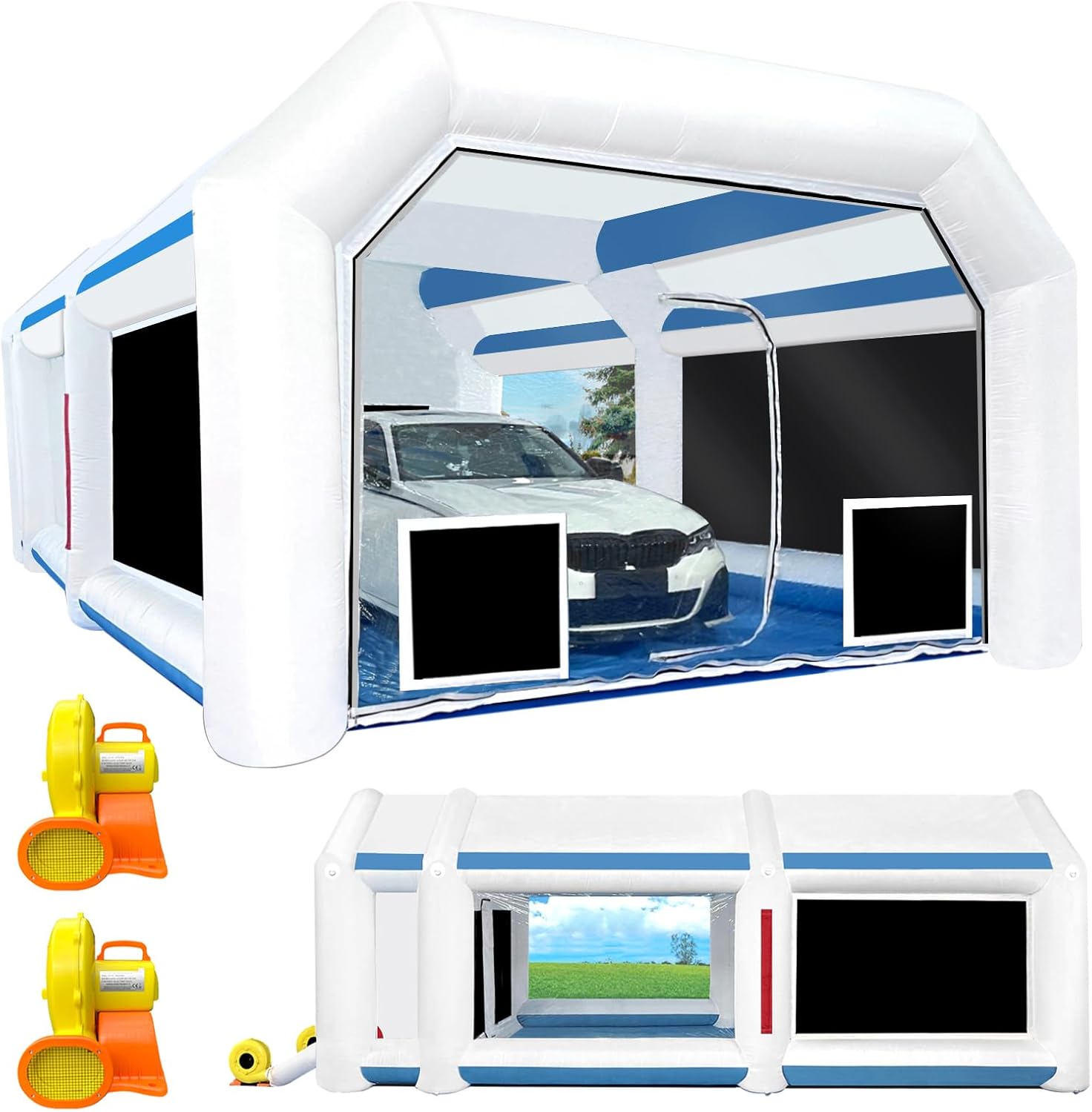 Inflatable Paint Booth 21.5x13x9FT with 950W+450W Blowers for Auto Parts and Furniture Painting, Portable Paint Booth with Upgraded High Efficient Air Exchange System