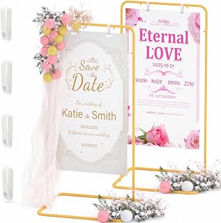 DDMY 2Pack Wedding Sign Holder Adjustable Welcome to Our Wedding Sign Stand with 4 PCS Leather Hanging Straps, Metal Stand for Birthday Party Baby Shower Graduation Ceremony Decoration,Gold