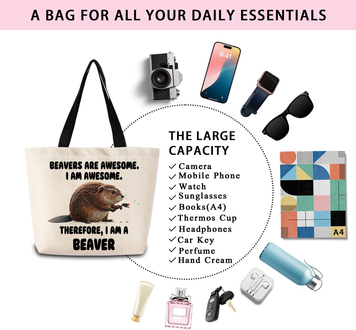 Awesome Beaver Tote Bag Reusable Grocery Bags Aesthetic Shopping Shoulder Handbag with Interior Zipper Pocket Stylish Awesome Beaver Present for Women