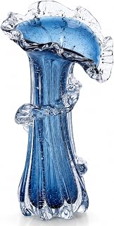 Blue Clear Wave Vases Gradient, Murano Hand Blown Glass Vase Unique Art Decorative, for Ocean Themed Coastal Home Centerpiece Modern Office Entrance Table Creativity