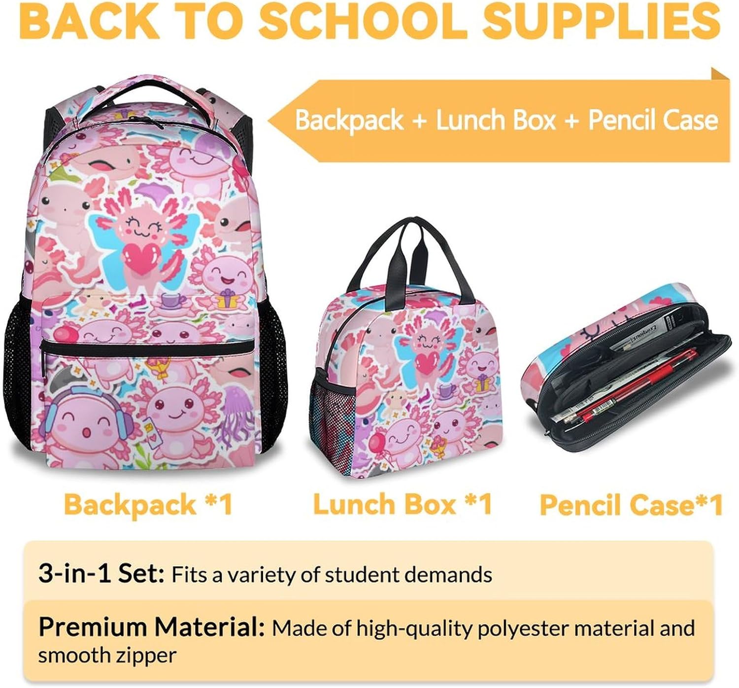 Backpack with Matching Lunch Box for Girls, Axolotl Backpacks with Lunch Bag Pencil Case Combo for Kids, Cute Bookbag and Pencil Case Bundle, Pink Cartoon School Supplies - Image 3