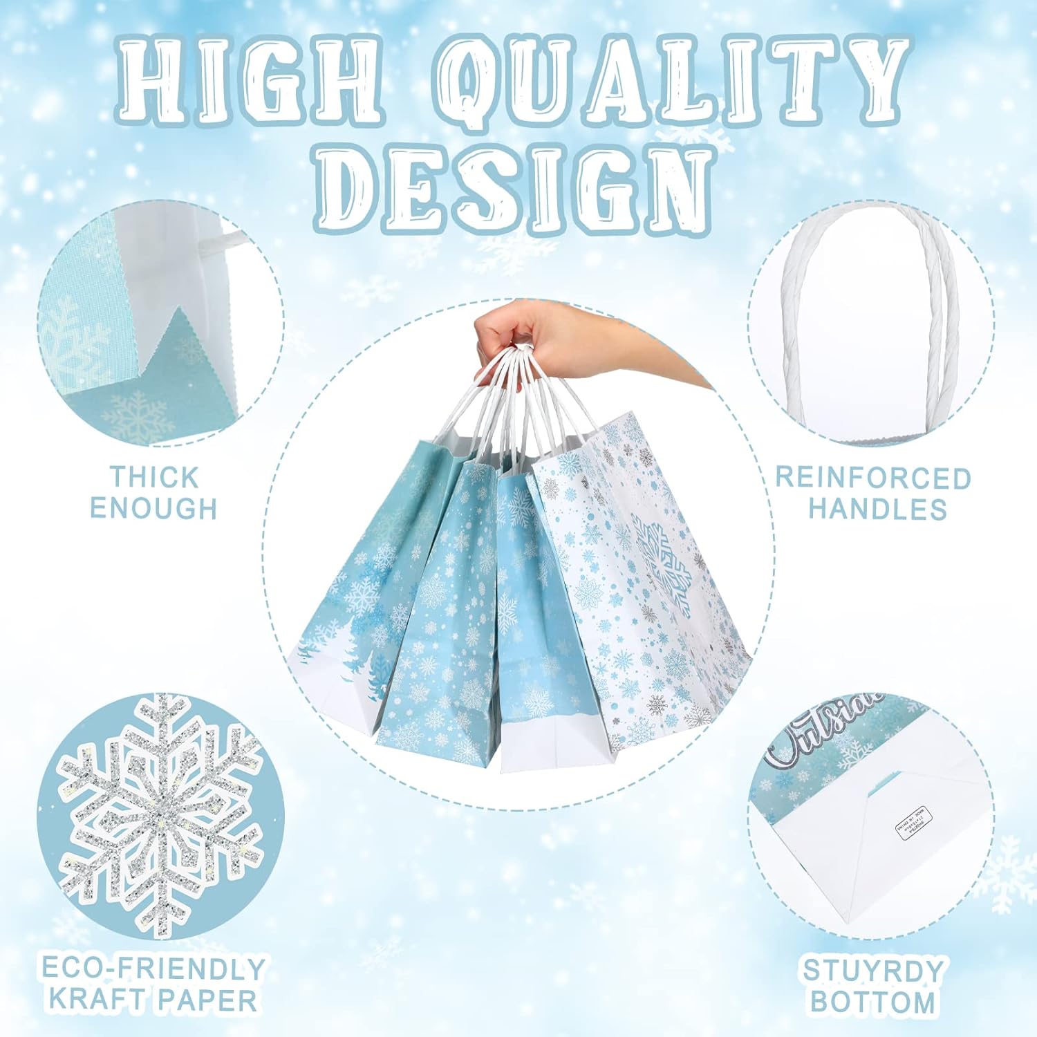 Ferraycle 24 Pcs Winter Snowflake Gift Bags Snowflake Wonderland Paper Treat Bags Goodie with Handle for Winter Party Favor Christmas Birthday Holiday Wonderland Decorations(Blue) - Image 4