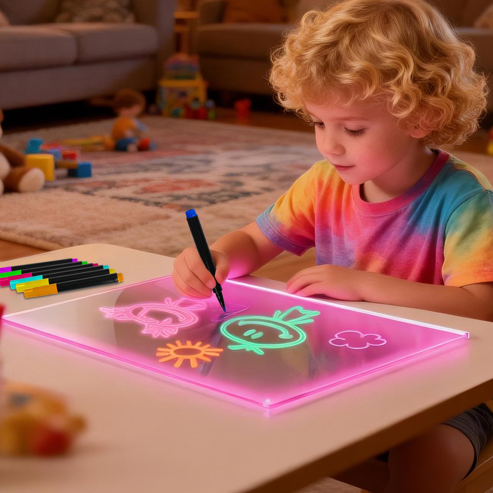 LED Kinder-Zeichenbrett 13 Farben 6 Modi 35x25cm Maltafel Memo Nachtlicht | Bunte LED-Optionen (fest, blinkend, fade) fördern Kreativität und bieten abwechslungsreichen Malspaß für Kinder