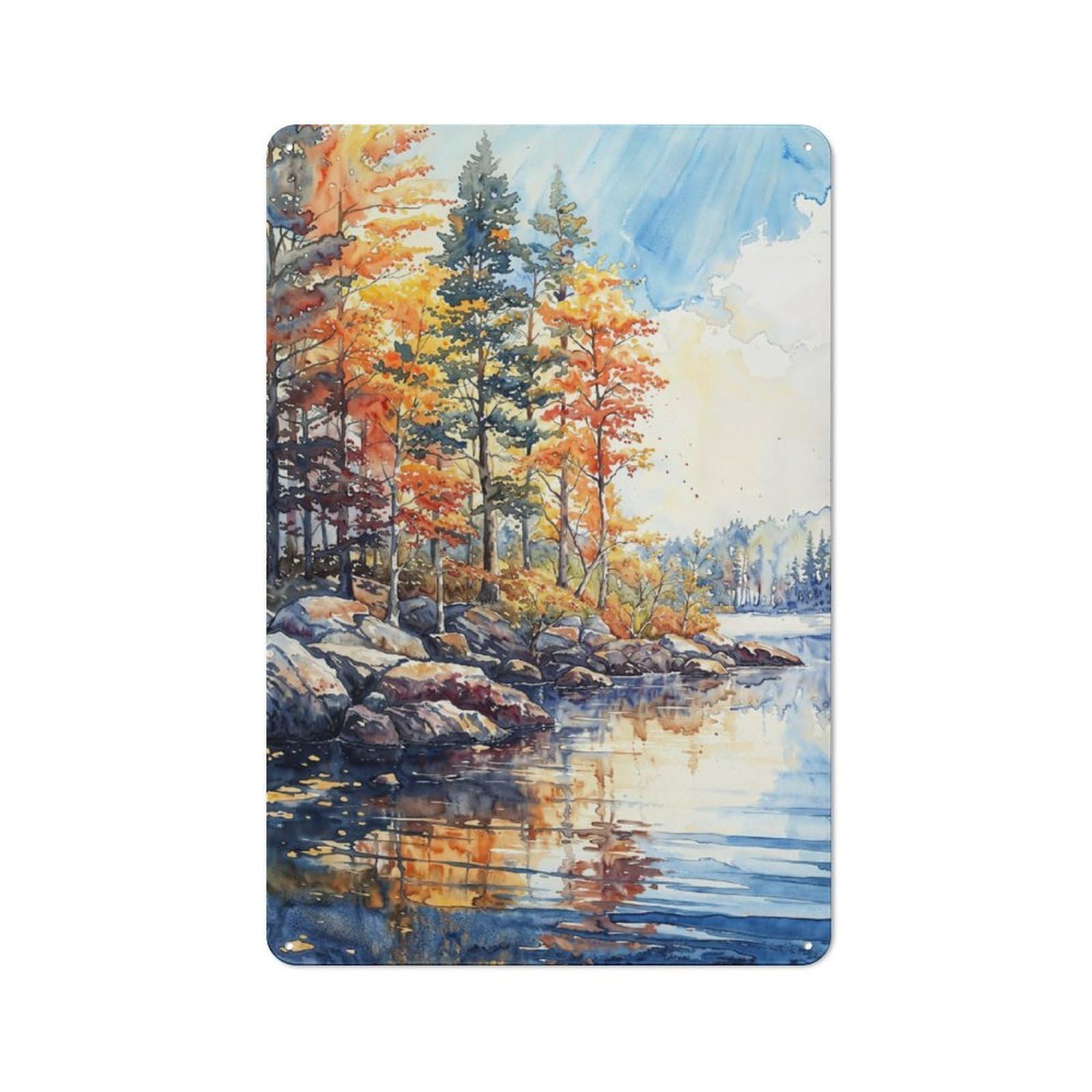 Junmoney Autumn Lake Reflection 30X20cm Retro Metal Sign With For Man Cave Or Games Room, Tin Sign Wall Decor For Games Rooms And Man Caves