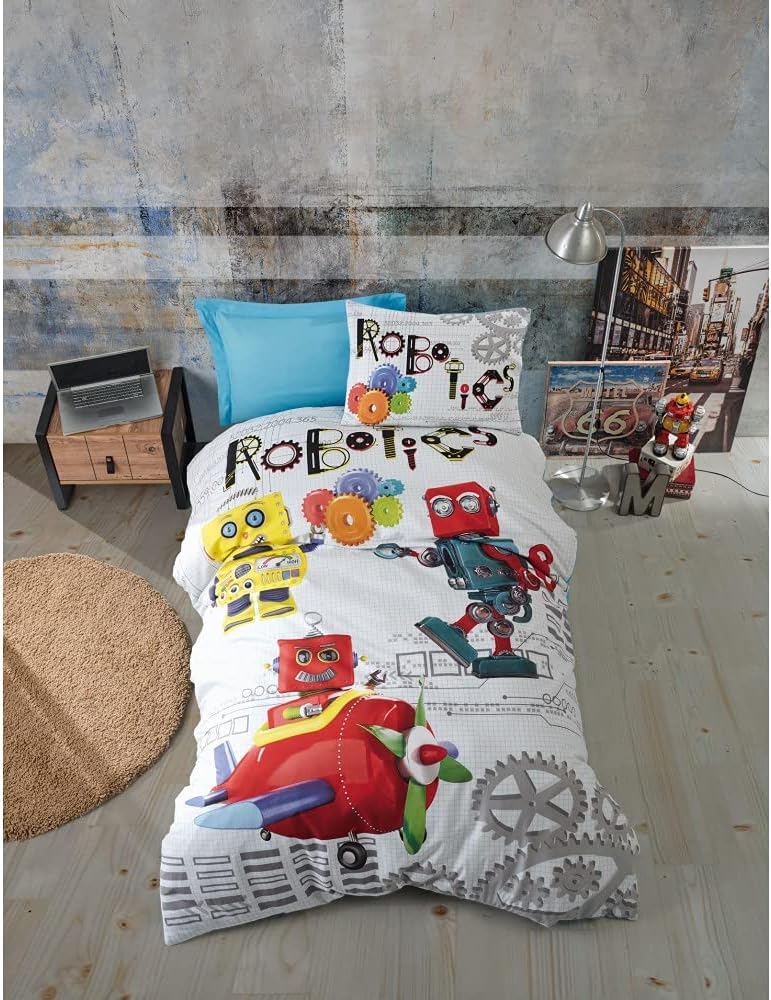 100% Cotton Robot Bedding Set, Robots Themed Twin Size Duvet Cover Set, Boys Bed Set 3 Pieces