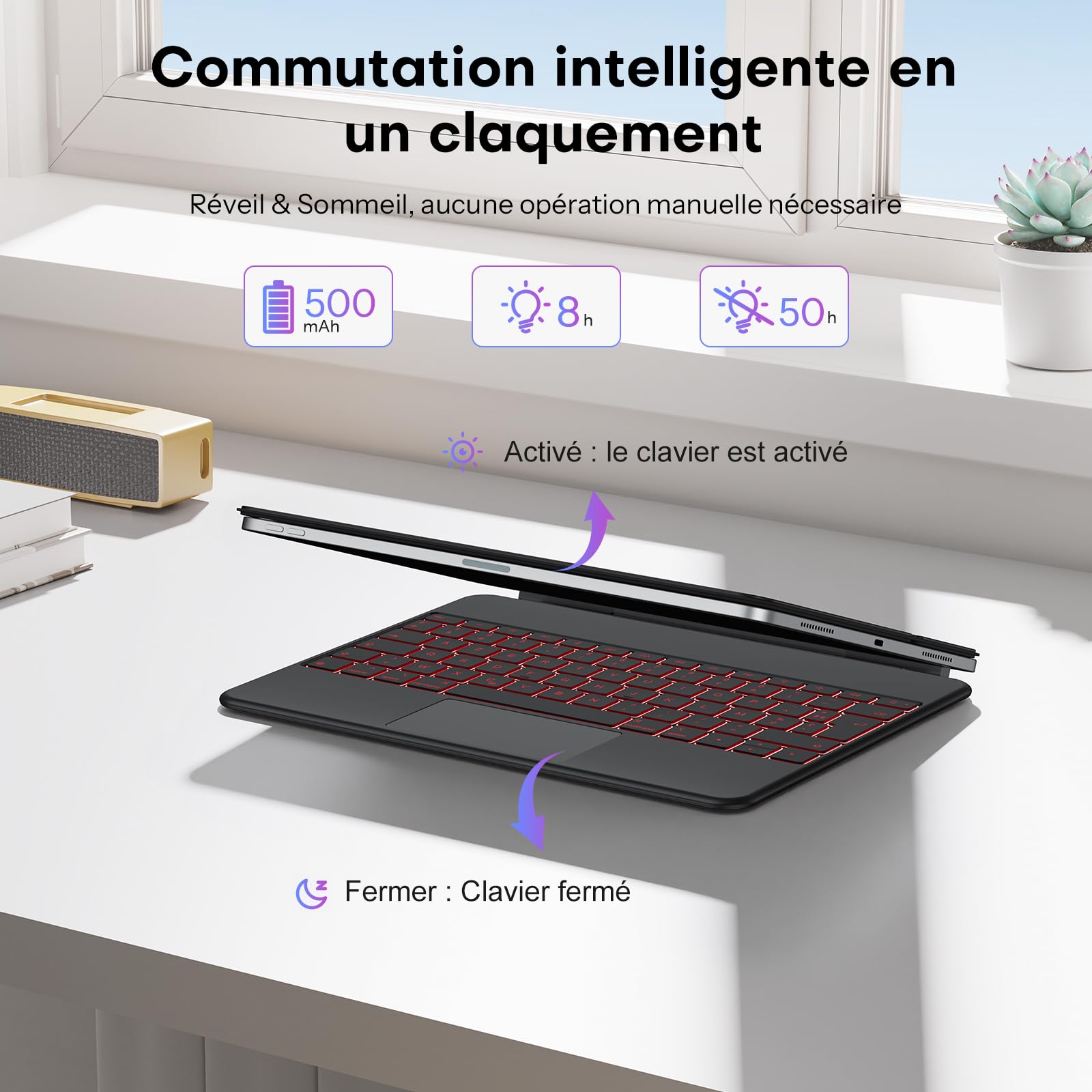 OMOTON Clavier AZERTY pour iPad Air 13 Pouces (M4/M3/M2) Magic Keyboard iPad Pro 12.9 (6/5/4/3 Gen), Pavé Tactile Intégral, Étui Clavier sans Fil magnétique Rétroéclairé, Portable, KC014