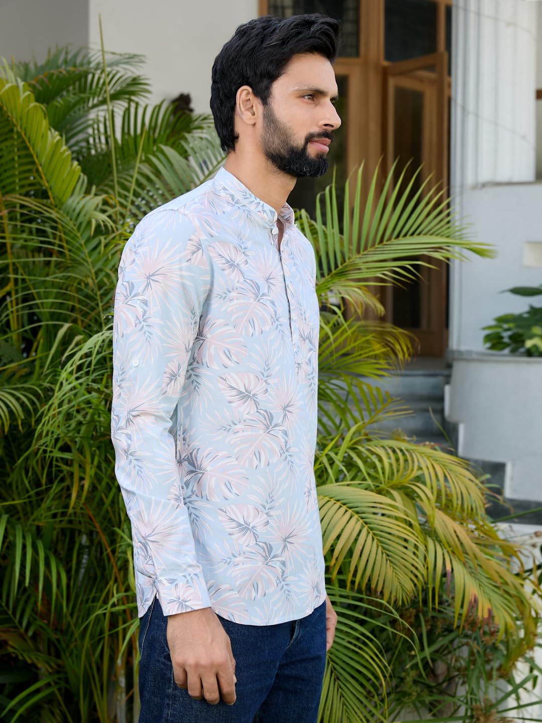 See Designs Men's Roll-Up Sleeve Mandarin Collar Blue-Pink Tropical Printed Rayon Short Kurta - Sdkt2933Xl