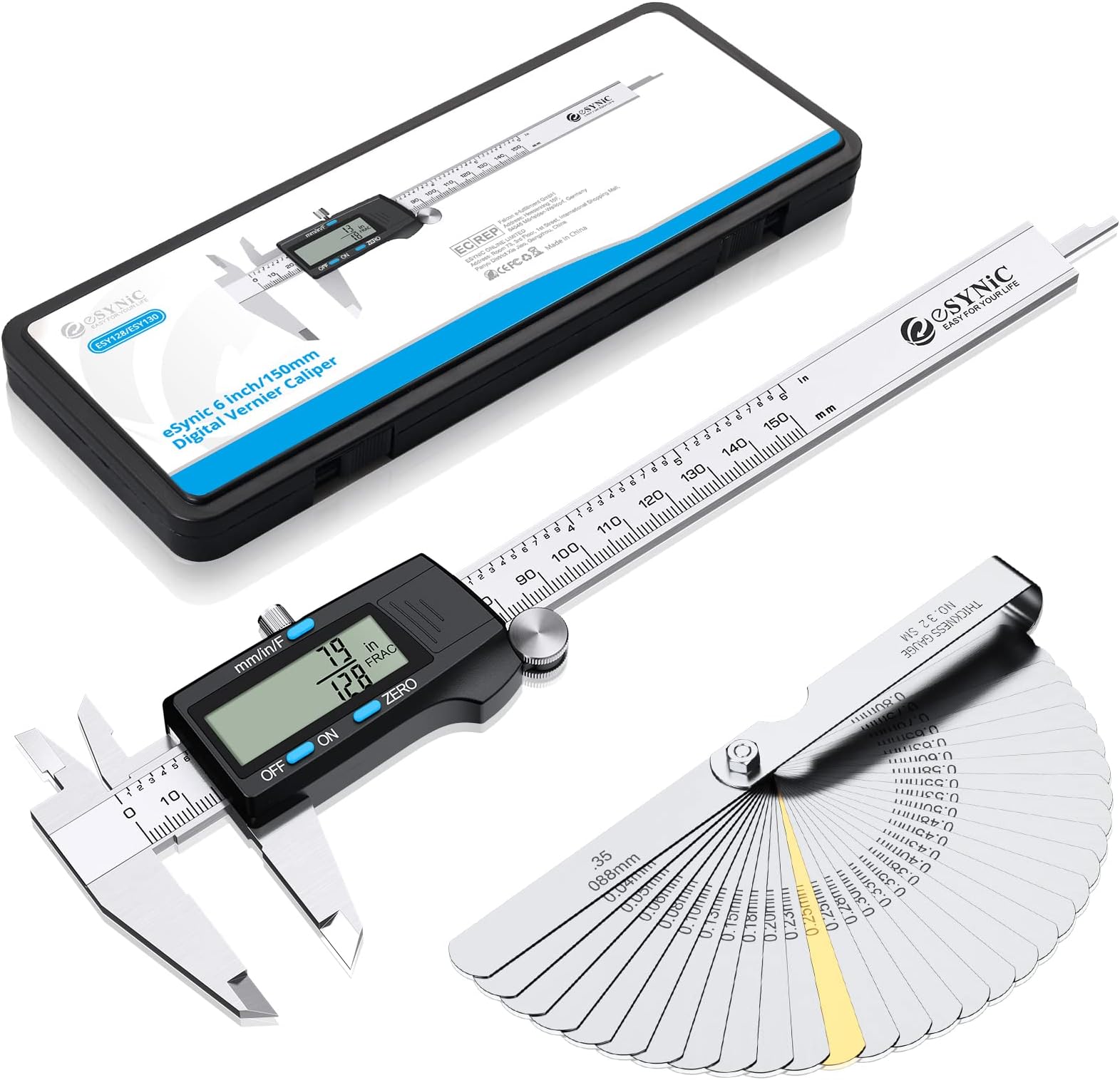 eSynic Digital Vernier Caliper with 32 Blade Feeler Gauge 150mm/6Inch Stainless Steel Body Electronic Caliper Fraction/Inch/Metric Conversion Measuring Tool for Length Width Depth Inner Outer Diameter