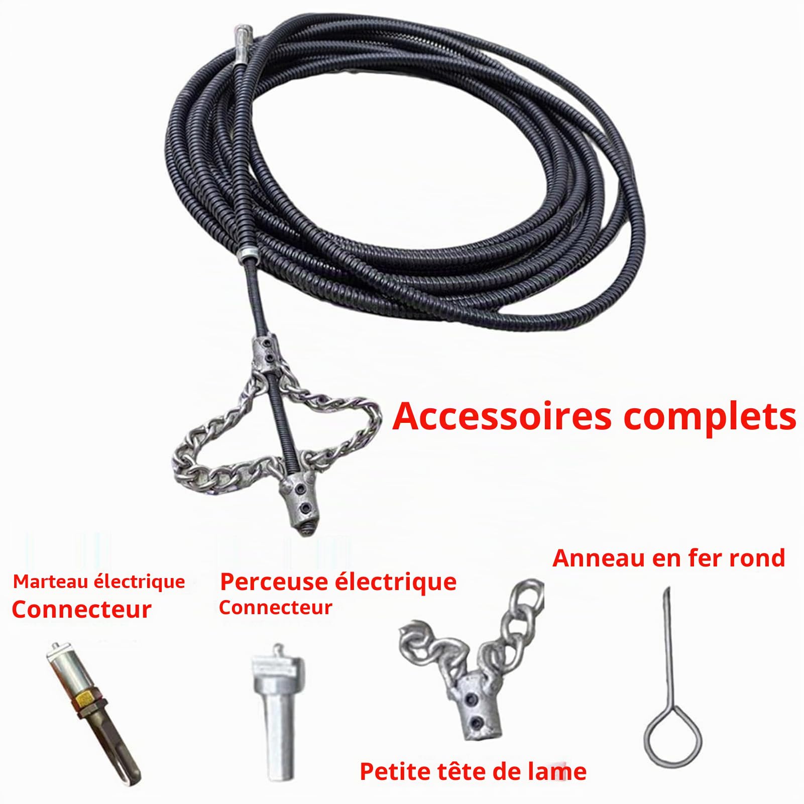 GAOXIAO Furet Électrique Deboucheur Canalisation Professionnel, Chaîne de Détartrage D'égout Flex-Shaft, pour Canalisations en PVC Toilettes Bacs Graisse Chaudières 10 m