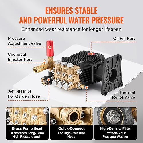 Miniatura 6 de Happybuy Bomba de lavado a presión, émbolo triple horizontal de 1 pulgada, 4300 PSI, 4.4 GPM, kit de bombas de repuesto para lavadora eléctrica con