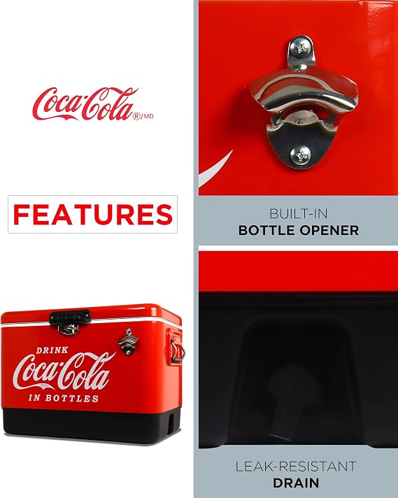 Coca Cola Ice Chest Cooler 51L Retro Coke Classic Cool Box with Bottle Opener Portable 85 Can Capacity Insulated Vintage Ice Box for Beverage BBQs Camping On The Go Beach RV Picnics Fishing Red