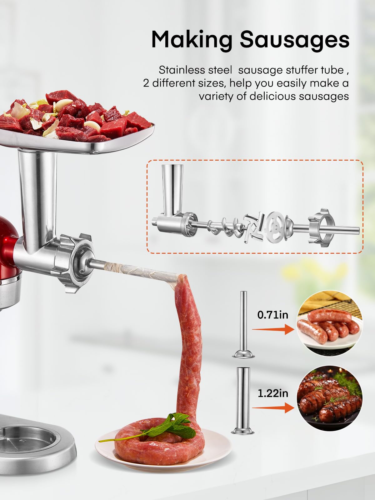 Hachoir à Viande pour KitchenAid, Accessoire Robot Pâtissier, 4 Plaques de Broyage, 2 Embouts à Saucisses, Acier Inoxydable